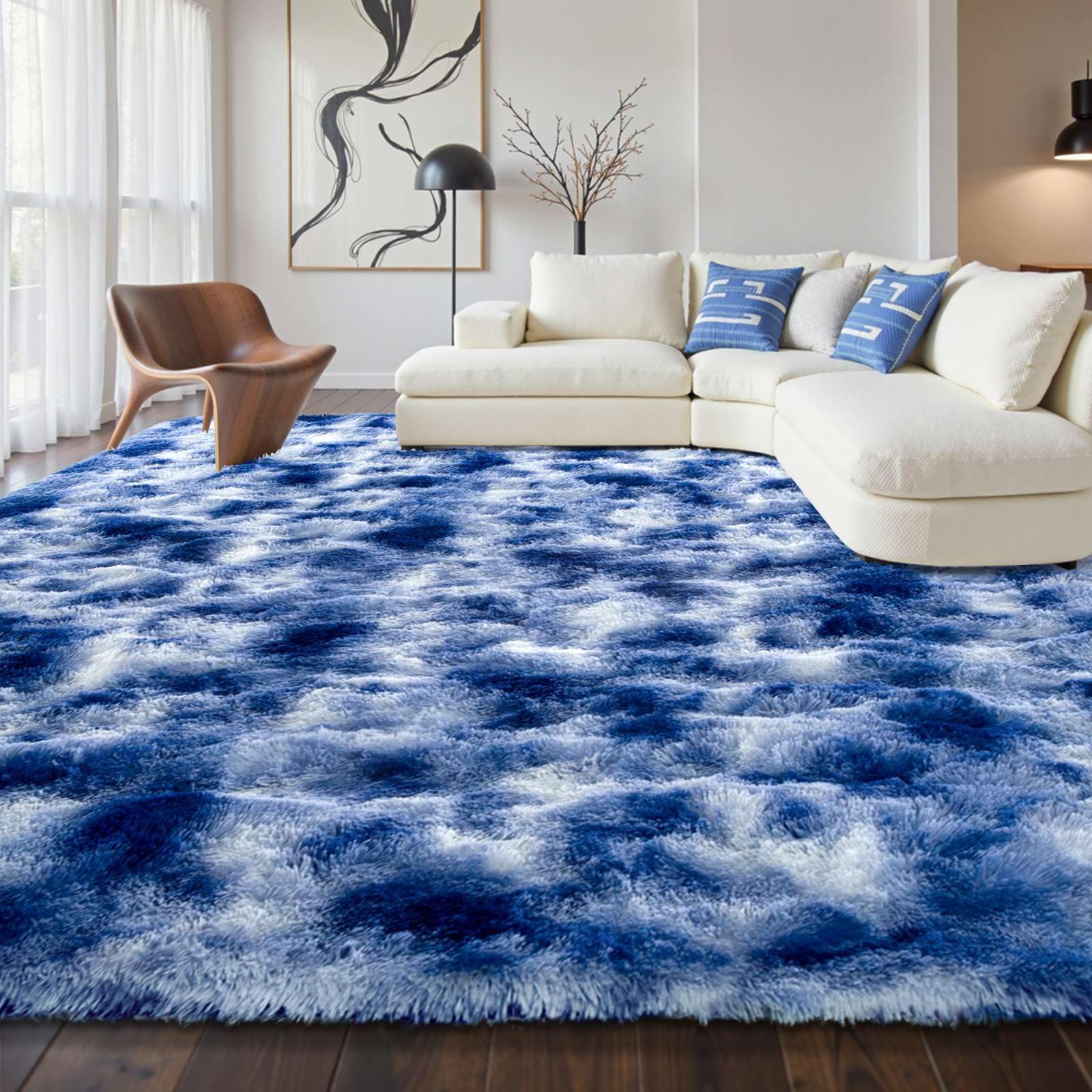 5×7ft Grey Fluffy Tie-Dyed Rug, Soft Shag Carpet for Home Decor