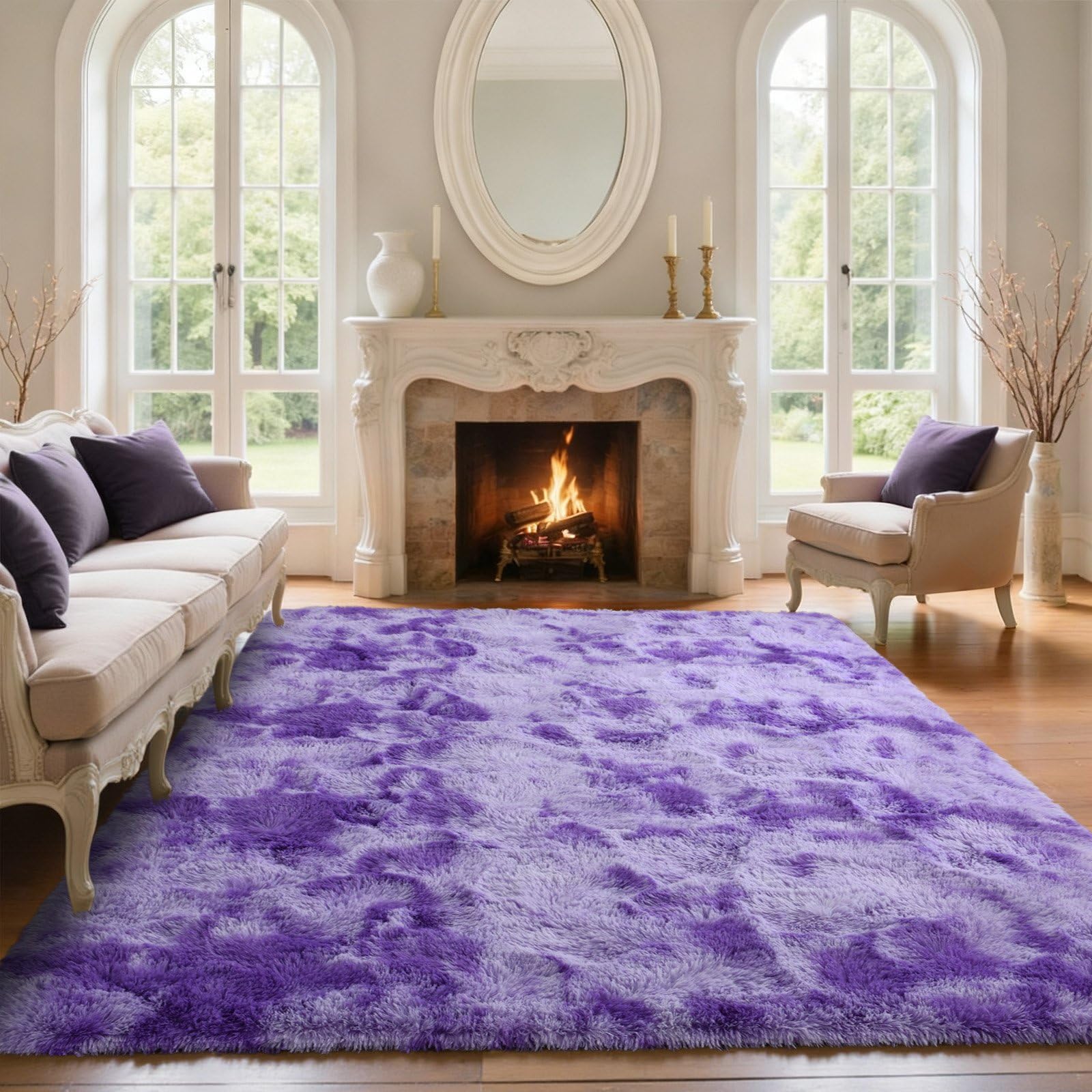 5×7ft Grey Fluffy Tie-Dyed Rug, Soft Shag Carpet for Home Decor