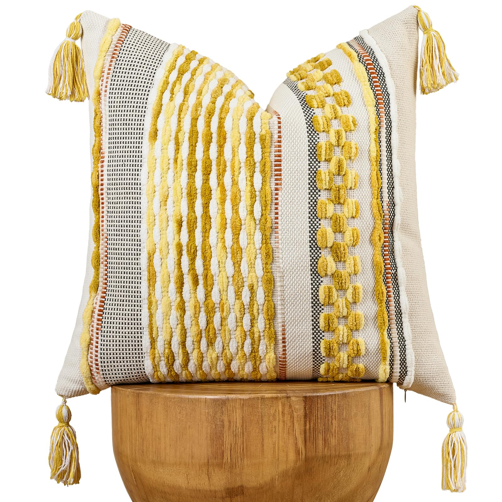 AmHoo Set of 2 Chenille Striped Tufted Textured Boho Throw Pillow Covers Aesthetic with Tassels Woven Decorative Pillow Case for Couch Bed Sofa Bedroom Modern Funky 18 x 18-Inch Brown White