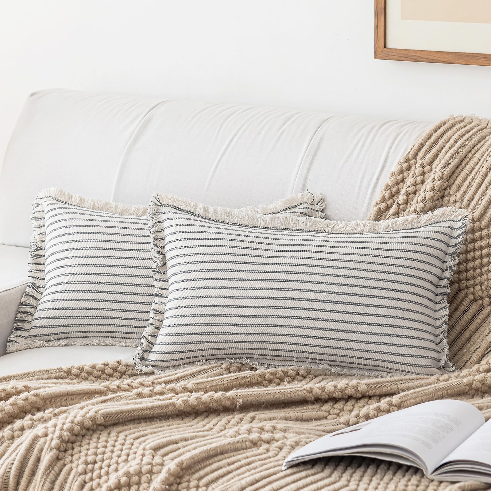 YEENAASY Throw Pillow Covers 22x22 Set of 2 Striped Fringe Pillow Cover Farmhouse Cushion Covers with Tassel Neutral Boho Pillows Decorative Square Pillowcase for Couch Sofa Bed, Blue