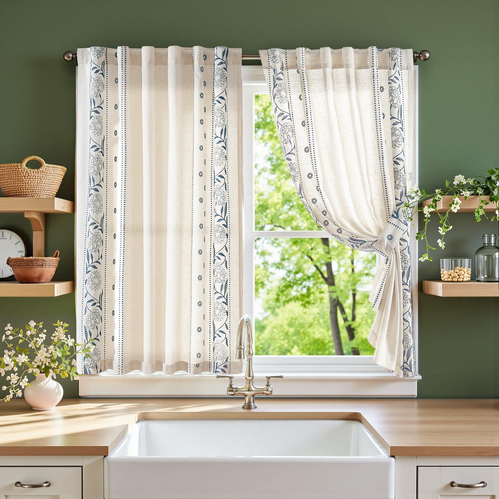 jinchan Winslow Linen Curtains for Bedroom 84 Inches Length Ivory on Taupe Embroidered Bordered Floral Curtains for Living Room Farmhouse Decor Light Filtering Window Treatments 2 Panels