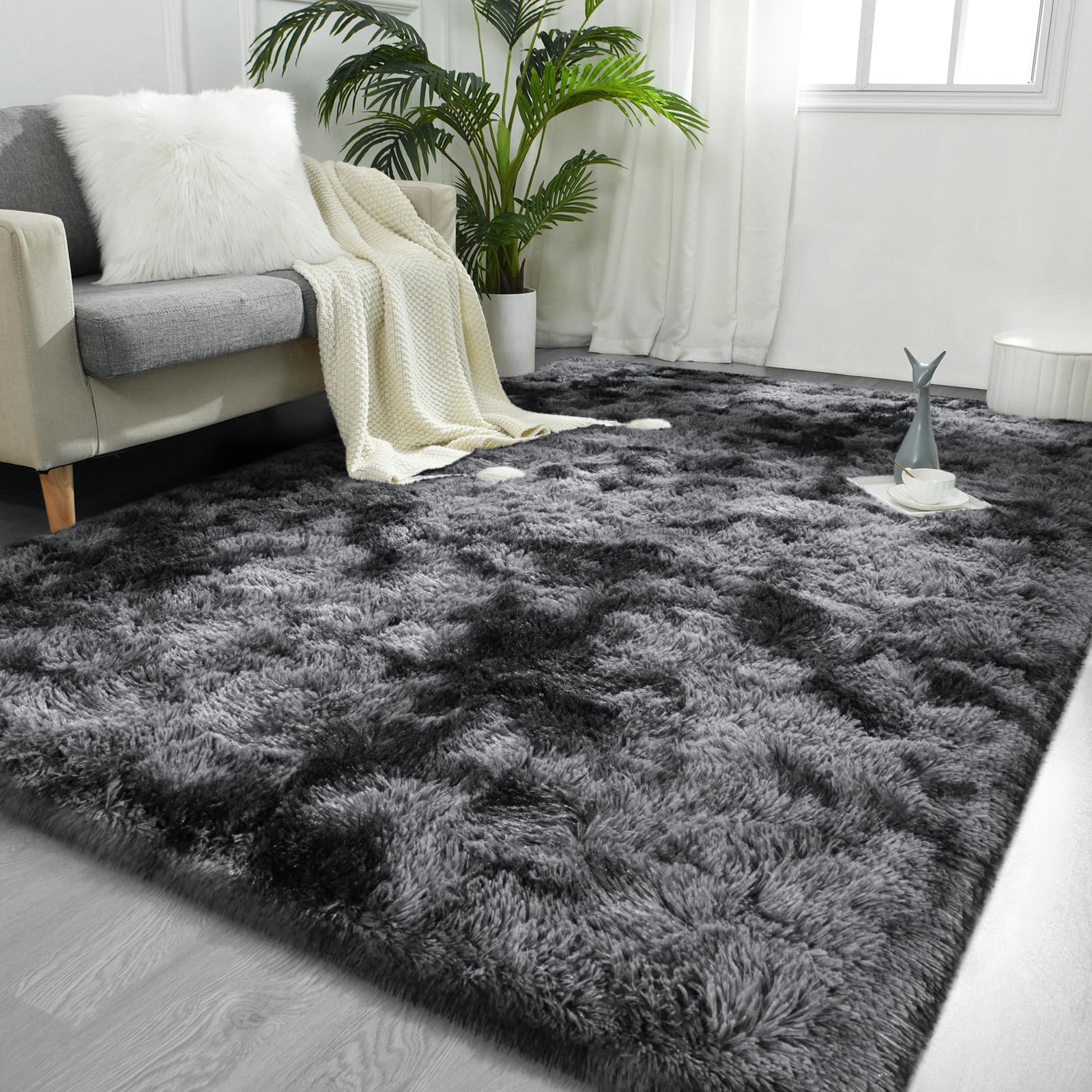 FlyDOIT Large Area Rugs for Living Room, 5x8 Feet Tie-Dyed Light Grey Shaggy Rug Fluffy Throw Carpets, Ultra Soft Plush Modern Indoor Fuzzy Rugs for Bedroom Girls Kids Nursery Room Dorm Home Decor