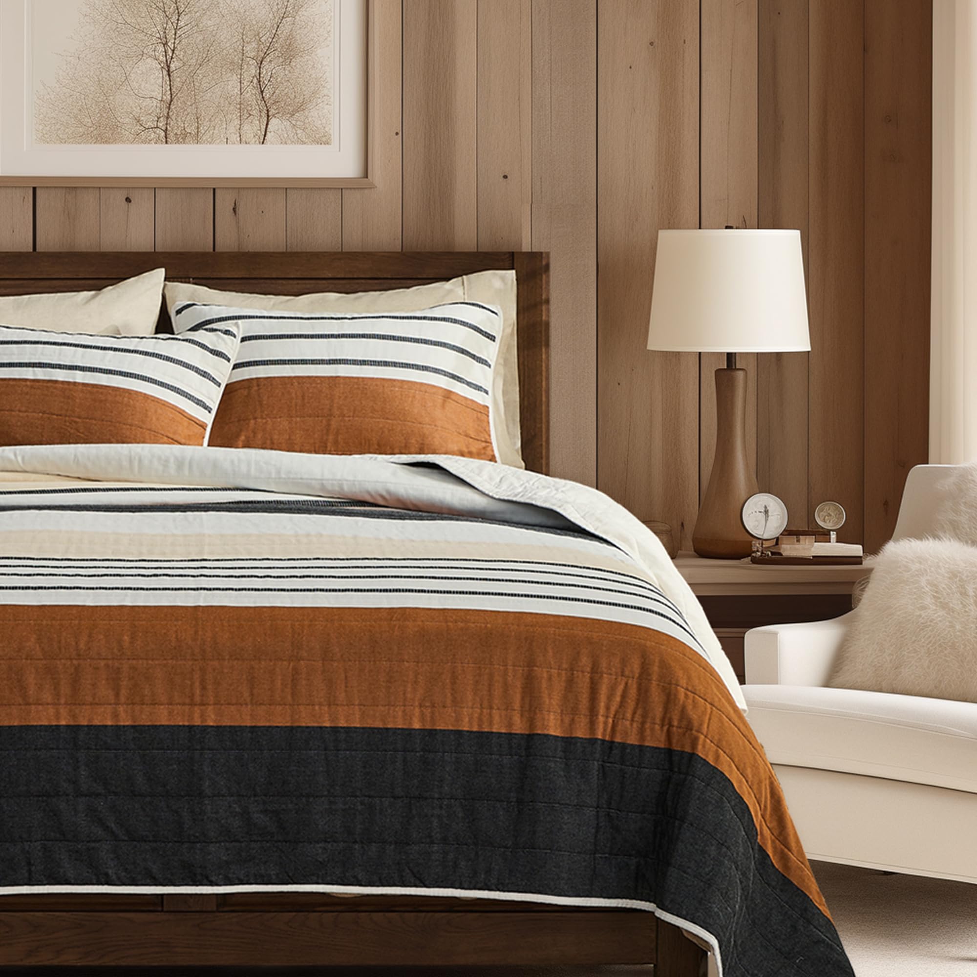 Wonderful Natural Linen Cotton Quilt - Skin-Friendly Breathable & Hypoallergenic Quilt Queen, 3 Piece Wavy Box Stitched Linen Bedding Set, All-Season Use Bedspread & Coverlet Bedding, 94"x94" | Safe Sleep