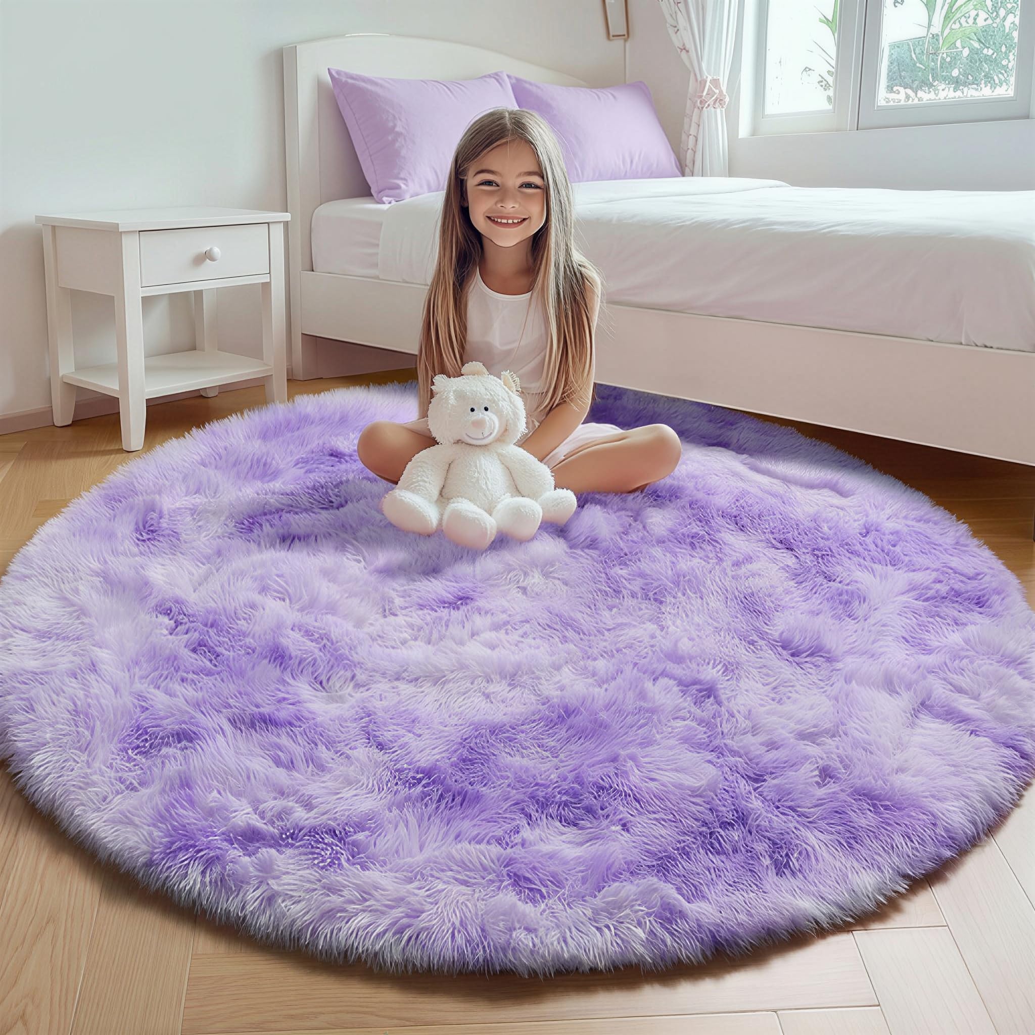 ONASAR Tie-Dyed Dark Grey Round Area Rugs 5ft, Ultra Soft Bedroom Circle Rug for Kids Girls Teen Room, Fluffy Plush Shaggy Carpet Floor Mats for Baby Nursery Living Room Playroom Home Decor