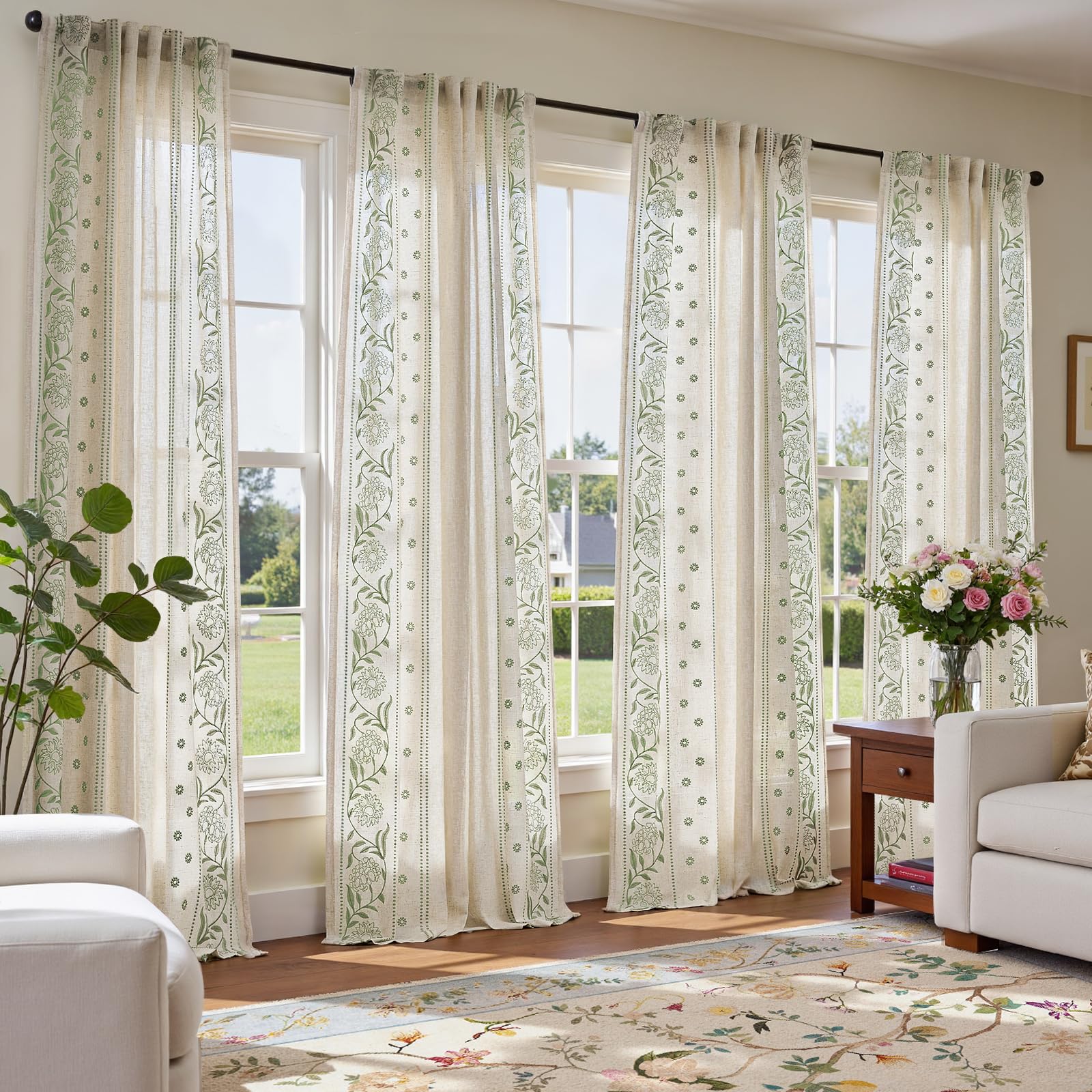 jinchan Winslow Linen Curtains for Bedroom 84 Inches Length Ivory on Taupe Embroidered Bordered Floral Curtains for Living Room Farmhouse Decor Light Filtering Window Treatments 2 Panels