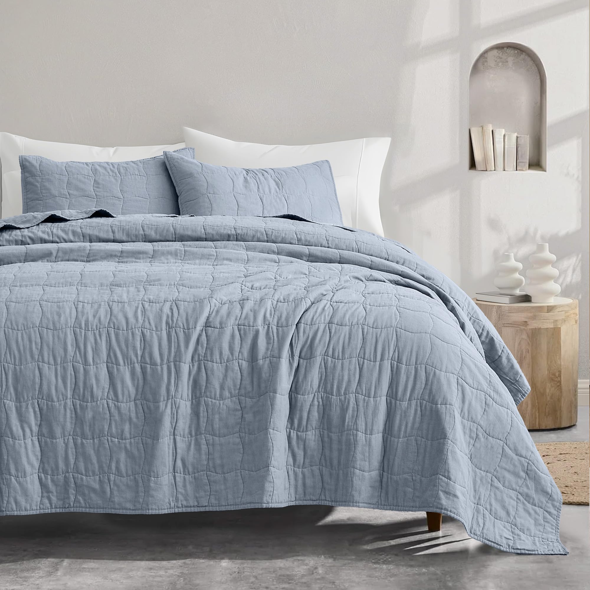 Wonderful Natural Linen Cotton Quilt - Skin-Friendly Breathable & Hypoallergenic Quilt Queen, 3 Piece Wavy Box Stitched Linen Bedding Set, All-Season Use Bedspread & Coverlet Bedding, 94"x94" | Safe Sleep