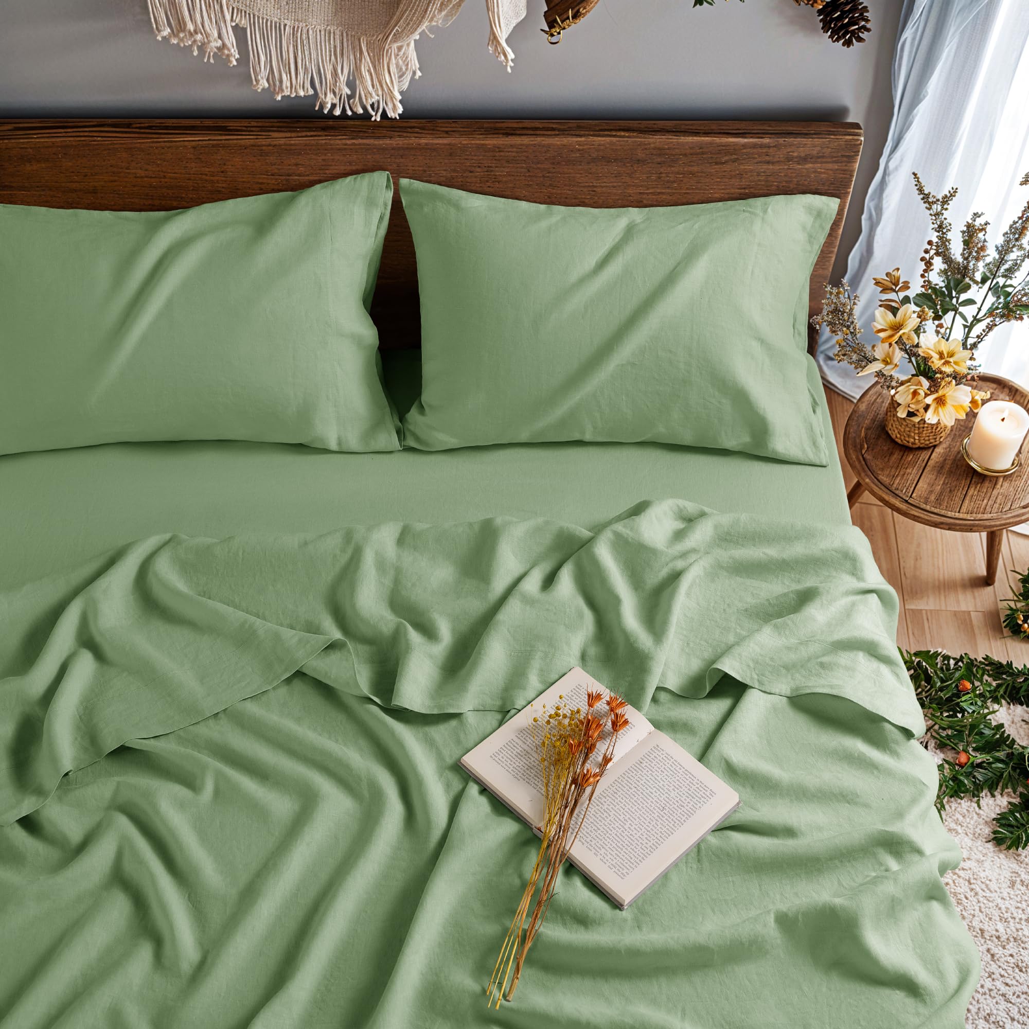 100% Pure Linen Sheet Set for Hot Sleepers, Breathable Natural Linen Sheets 4pcs, Bedding Set Deep Pocket Up to 16" Moisture-Wicking, Softens with Every Wash (Linen Queen)