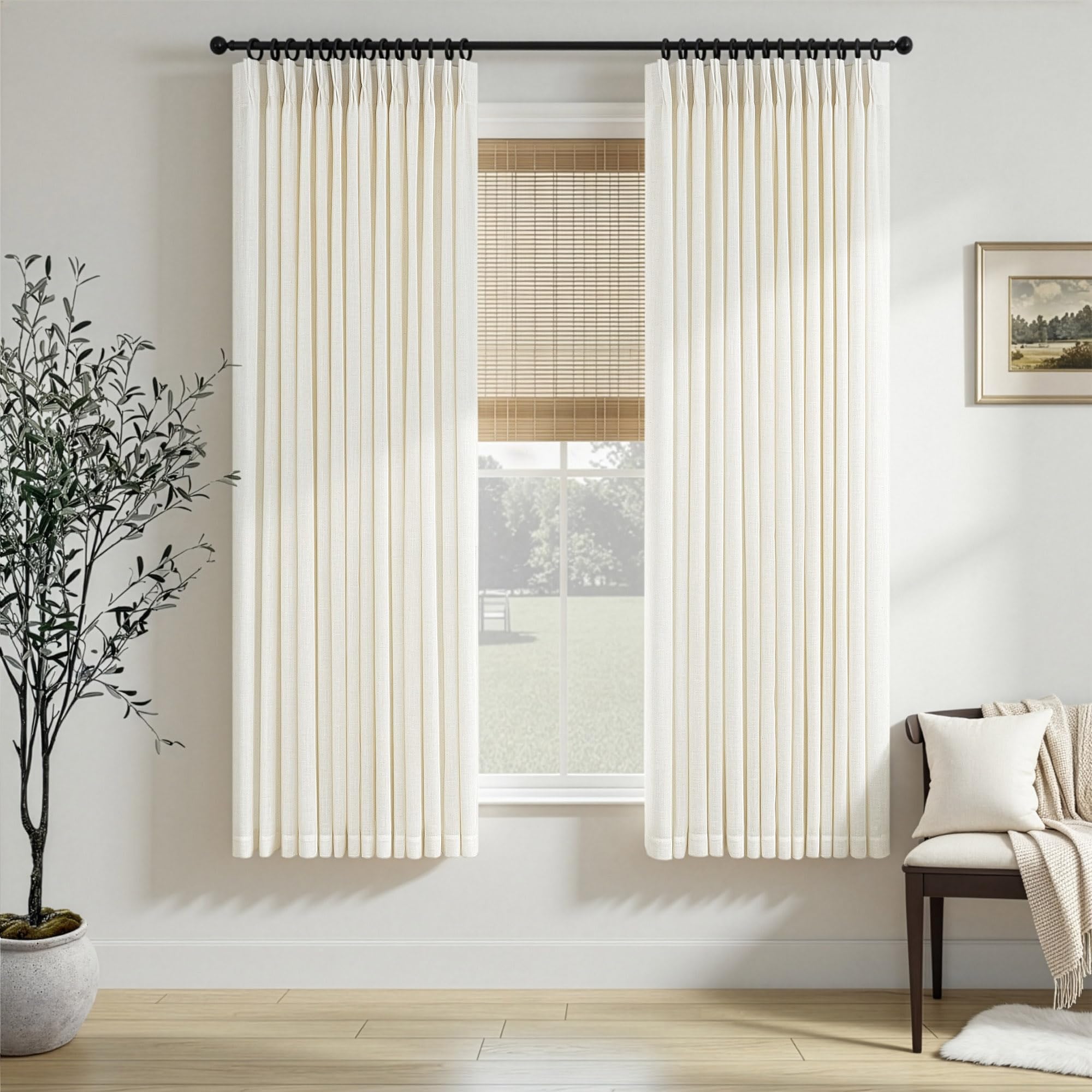 Natural Pinch Pleated Linen Cream Curtains 84 Inch Length 2 Panels for Living Room Bedroom Ivory Semi Sheer Light Filtering Modern Farmhouse Boho Neutral Rustic Long Drapes Back Tab Pleat Hooks Rings