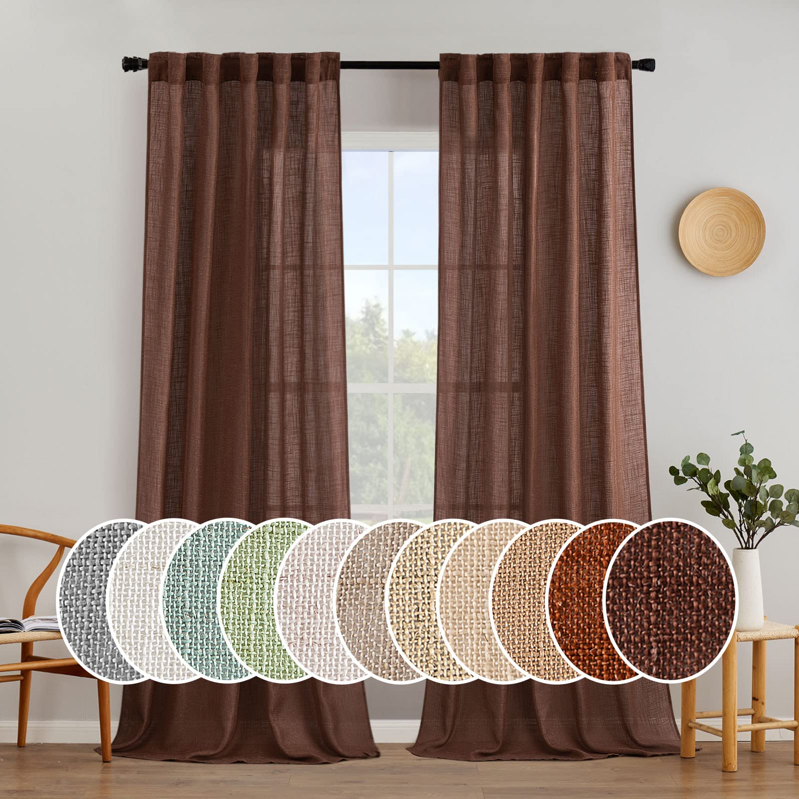 MIULEE Taupe Linen Curtains 84 Inch Length for Bedroom Living Room, Soft Thick Linen Textured Window Drapes Semi Sheer Light Filtering Back Tab Rod Pocket Burlap Look Farmhouse Country Decor, 2 Panels