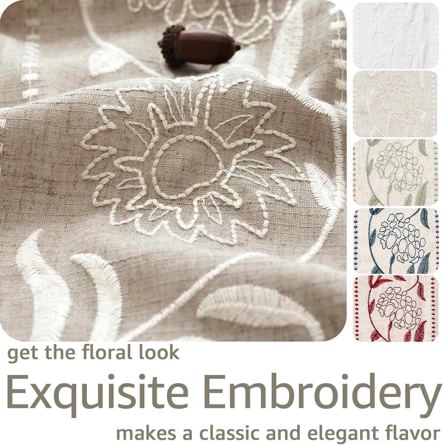 jinchan Winslow Linen Curtains for Bedroom 84 Inches Length Ivory on Taupe Embroidered Bordered Floral Curtains for Living Room Farmhouse Decor Light Filtering Window Treatments 2 Panels