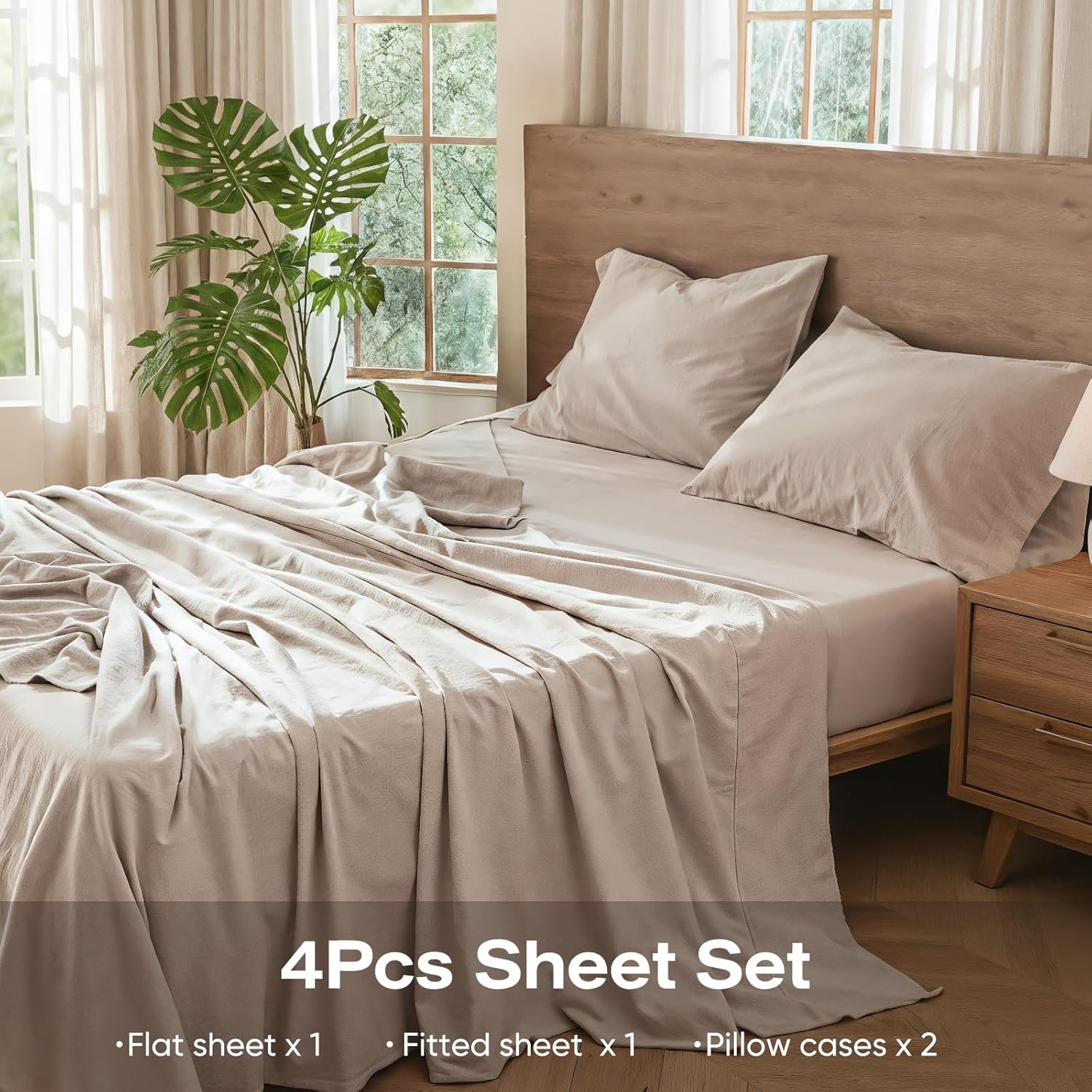100% Pure Linen Blend Sheets Set, Natural Flax Beddings Soft, Breathable and Durable for Hot Sleepers,Comfortable for All Seasons,Anti-Tear Linen Bed Sheets,18 Inch Deep Pocket - 4 Piece
