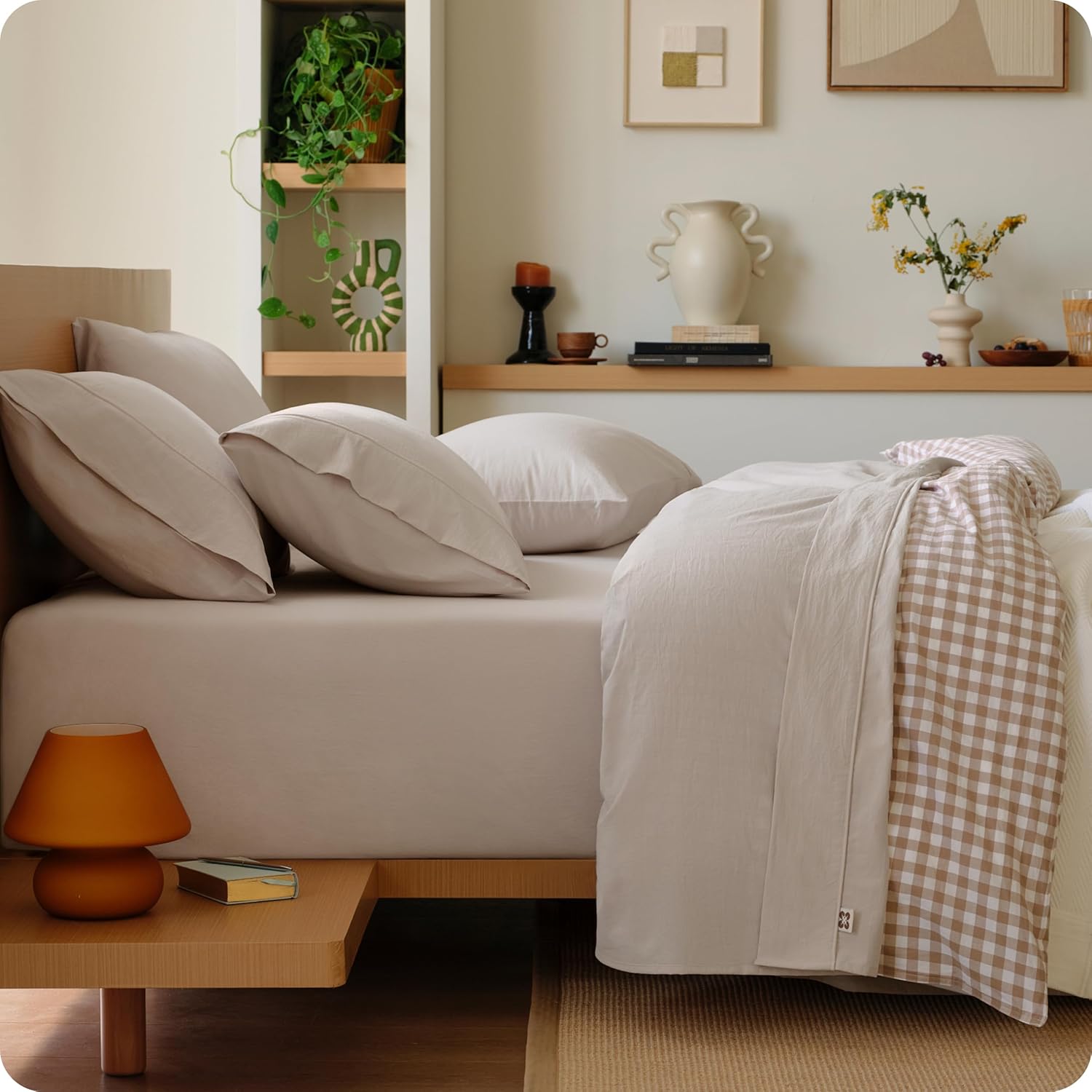 Bedsure 100% Washed Cotton Percale Sheets Queen Size - Linen Like Textured 6-Piece Bedsheet Set with 18" Deep Pocket, Breathable & PureWoven Soft Comfy (Linen Beige, Queen)