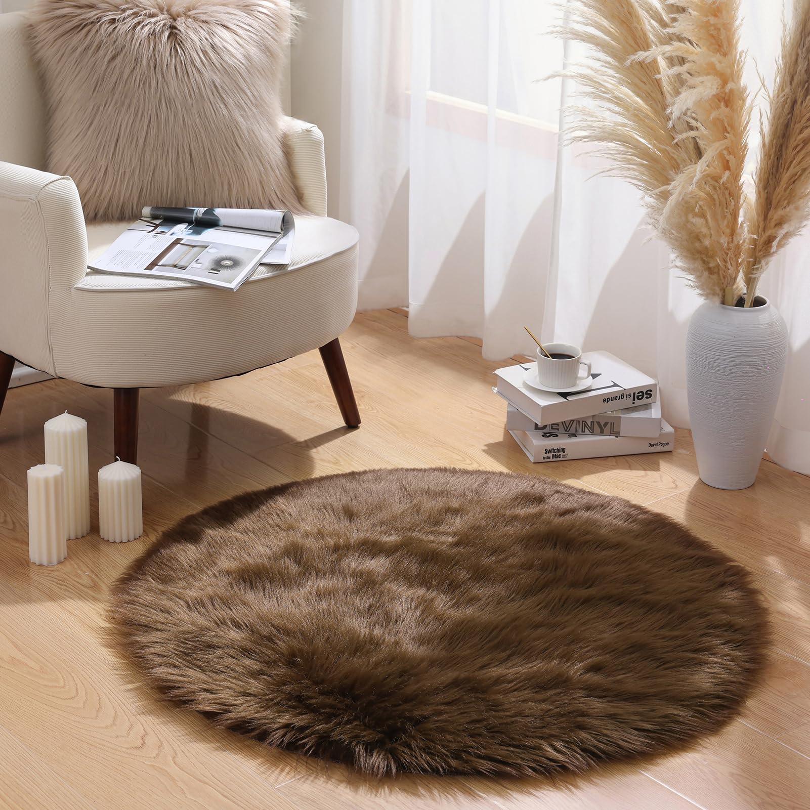 4×4ft White Fluffy Faux Fur Rug, Washable Shag Area Rug for Home Decor