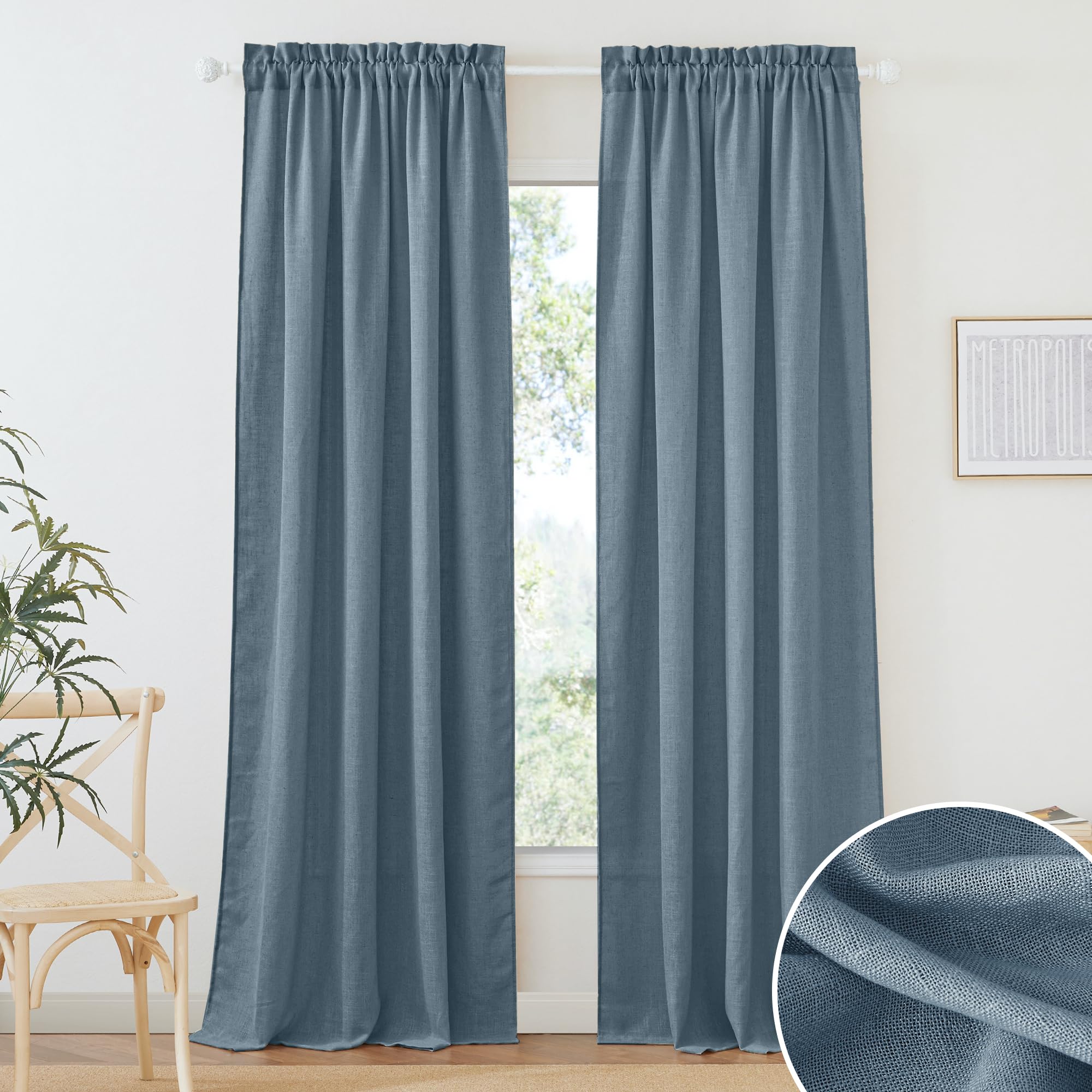 RYB HOME Linen Sheer Curtains and Drapes for Living Room 108 inches Length, Breathable Back Tab/Rod Pocket Semi Sheer Curtains, Oatmeal, W 52 x L 108 inches, 2 Panels Set