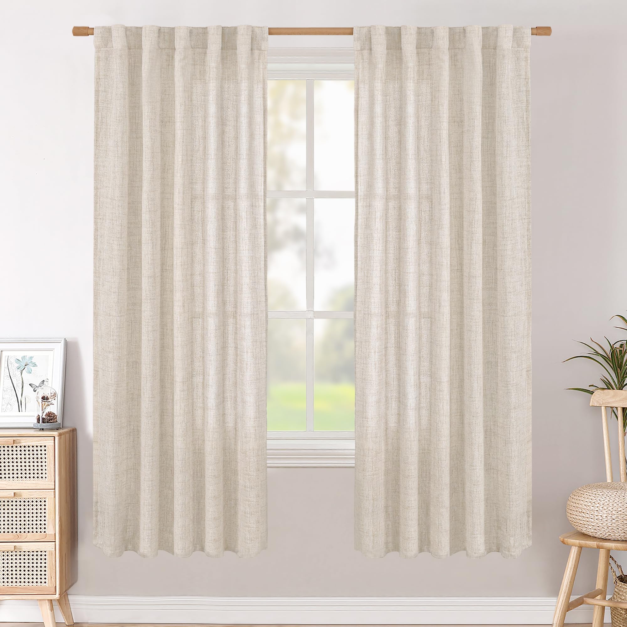 BGment Natural Linen Semi Sheer Curtains 96 Inch Length 2 Panels for Living Room, Beige Light Filtering Window Drapes with Rod Pocket Back Tab Extre Long for Dining Bedroom, 52 X 96 Inch