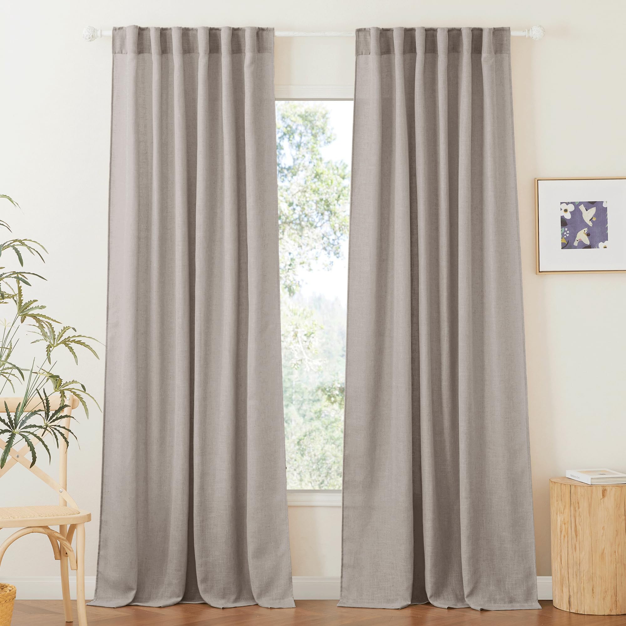 RYB HOME Linen Sheer Curtains and Drapes for Living Room 108 inches Length, Breathable Back Tab/Rod Pocket Semi Sheer Curtains, Oatmeal, W 52 x L 108 inches, 2 Panels Set