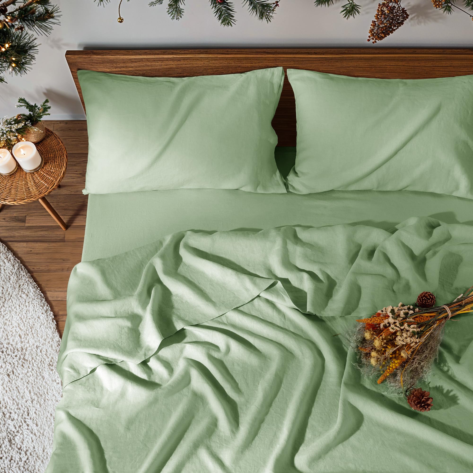 100% Pure Linen Sheet Set for Hot Sleepers, Breathable Natural Linen Sheets 4pcs, Bedding Set Deep Pocket Up to 16" Moisture-Wicking, Softens with Every Wash (Linen Queen)
