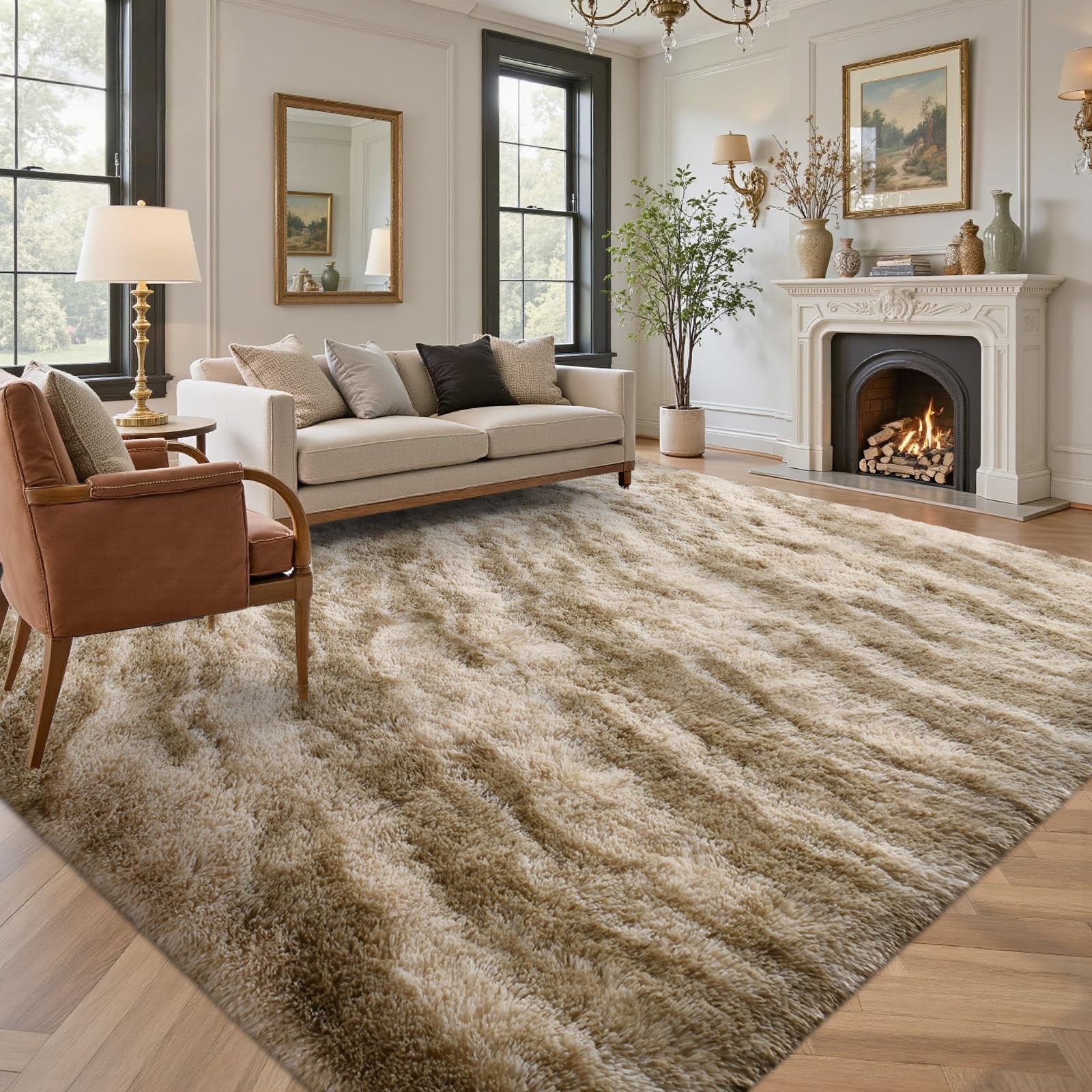 5×7ft Grey Fluffy Tie-Dyed Rug, Soft Shag Carpet for Home Decor