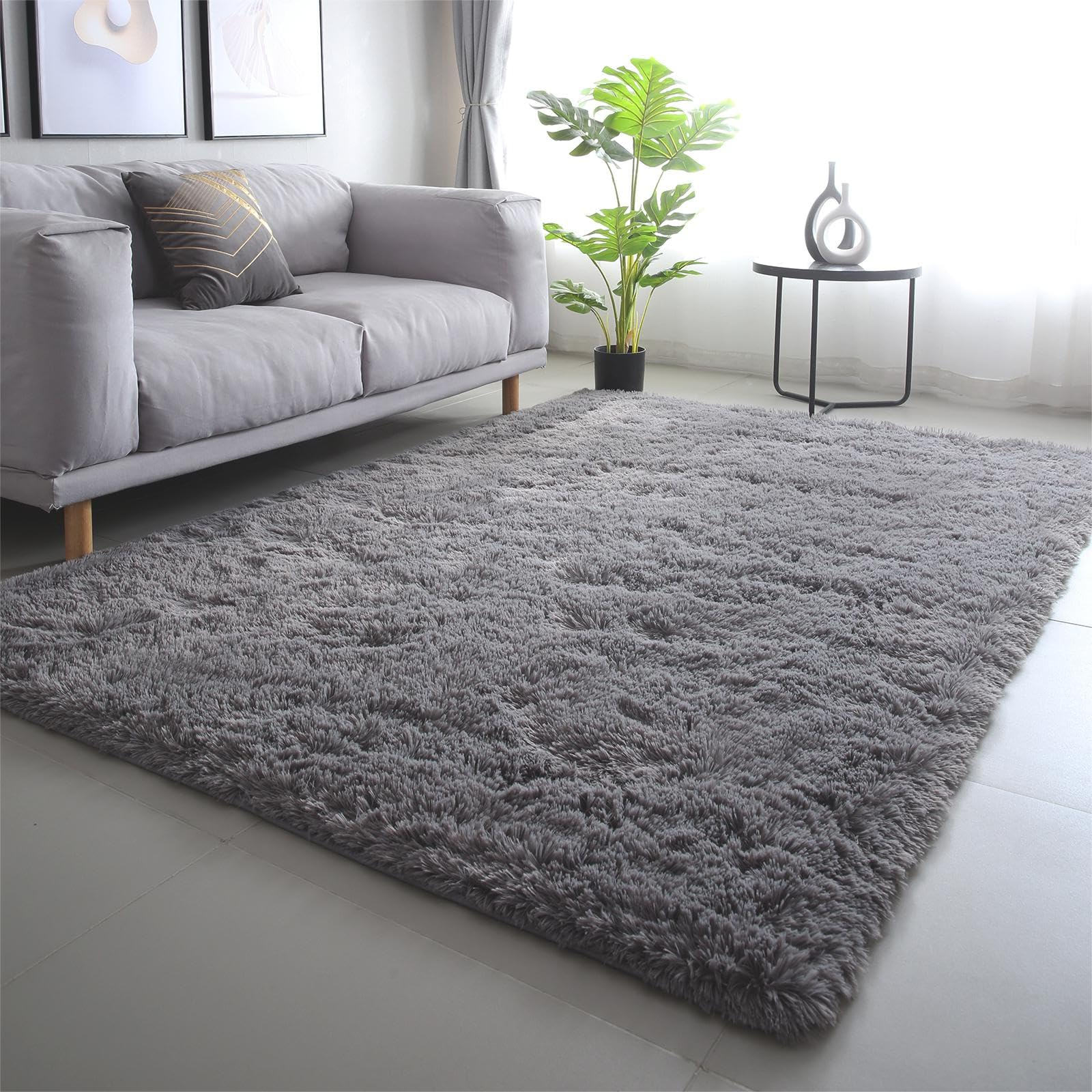 CAIYUECS Shag Area Rug,Indoor Ultra Soft Fluffy Plush Rugs for Bedroom Living Room, Non-Skid Modern Nursery Faux Fur Rugs for Kids Room Home Decor (Tie-Dyed Light Gray, 5x7 Feet)