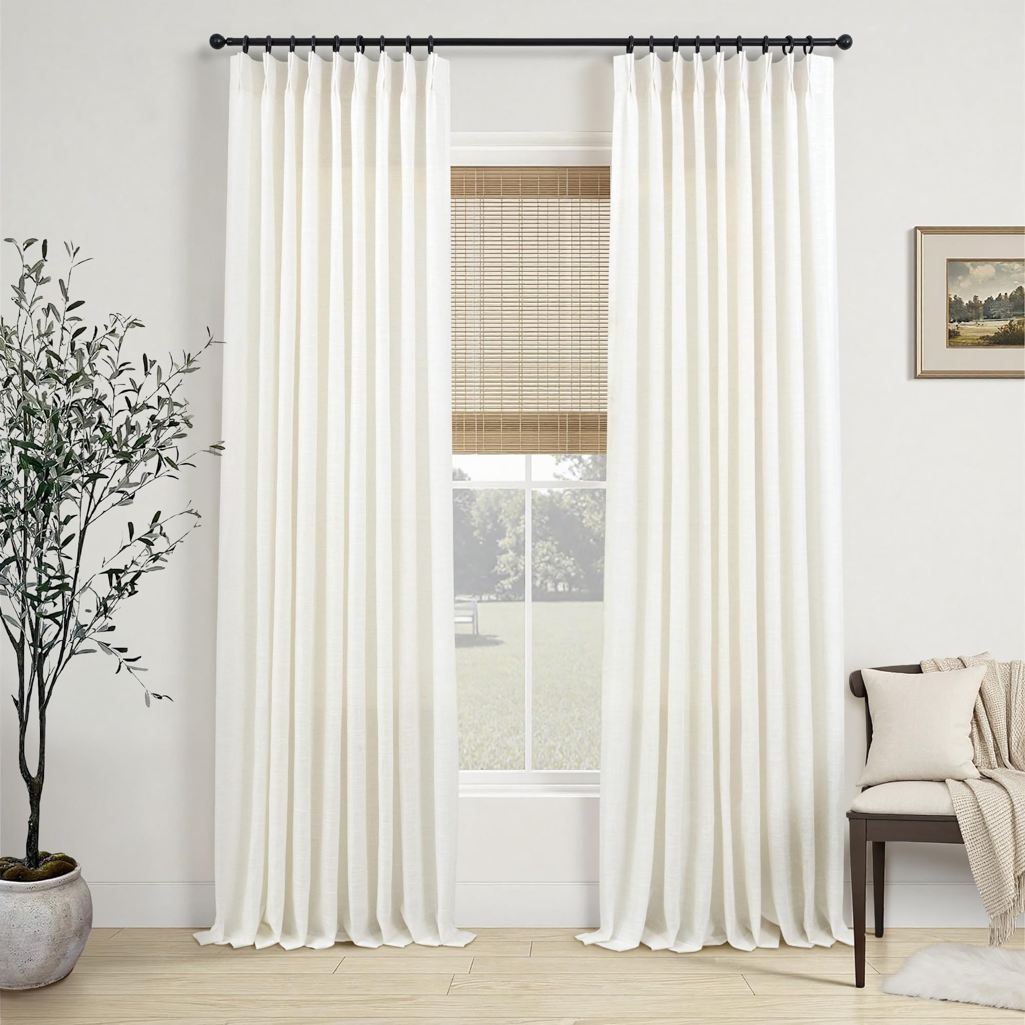 Natural Pinch Pleated Linen Cream Curtains 84 Inch Length 2 Panels for Living Room Bedroom Ivory Semi Sheer Light Filtering Modern Farmhouse Boho Neutral Rustic Long Drapes Back Tab Pleat Hooks Rings