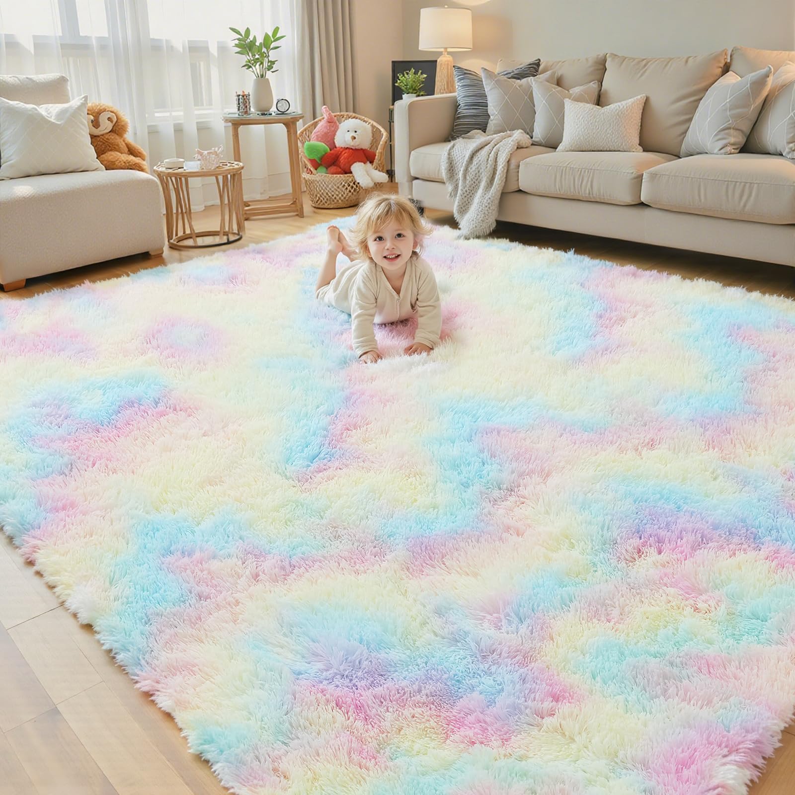 8x10 Area Rugs for Living Room Bedroom Fluffy, Large Area Rug Shag Shaggy Carpet Soft Plush Furry Bedside Rug, Area Rugs for Home Decor(8 x 10, Dark Blue Tie-Dyed)