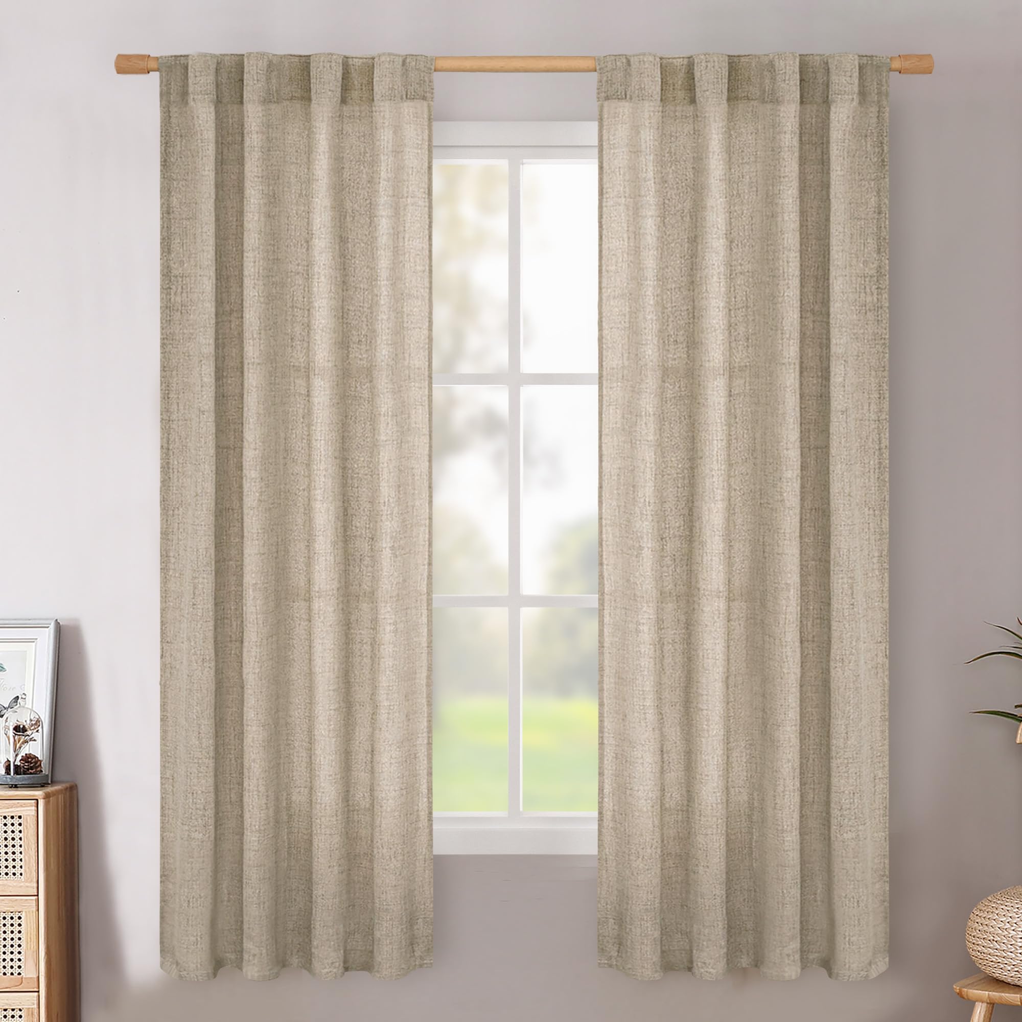 BGment Natural Linen Semi Sheer Curtains 96 Inch Length 2 Panels for Living Room, Beige Light Filtering Window Drapes with Rod Pocket Back Tab Extre Long for Dining Bedroom, 52 X 96 Inch