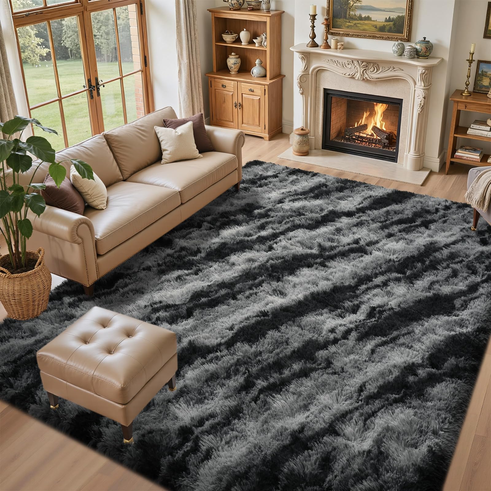 5×7ft Grey Fluffy Tie-Dyed Rug, Soft Shag Carpet for Home Decor