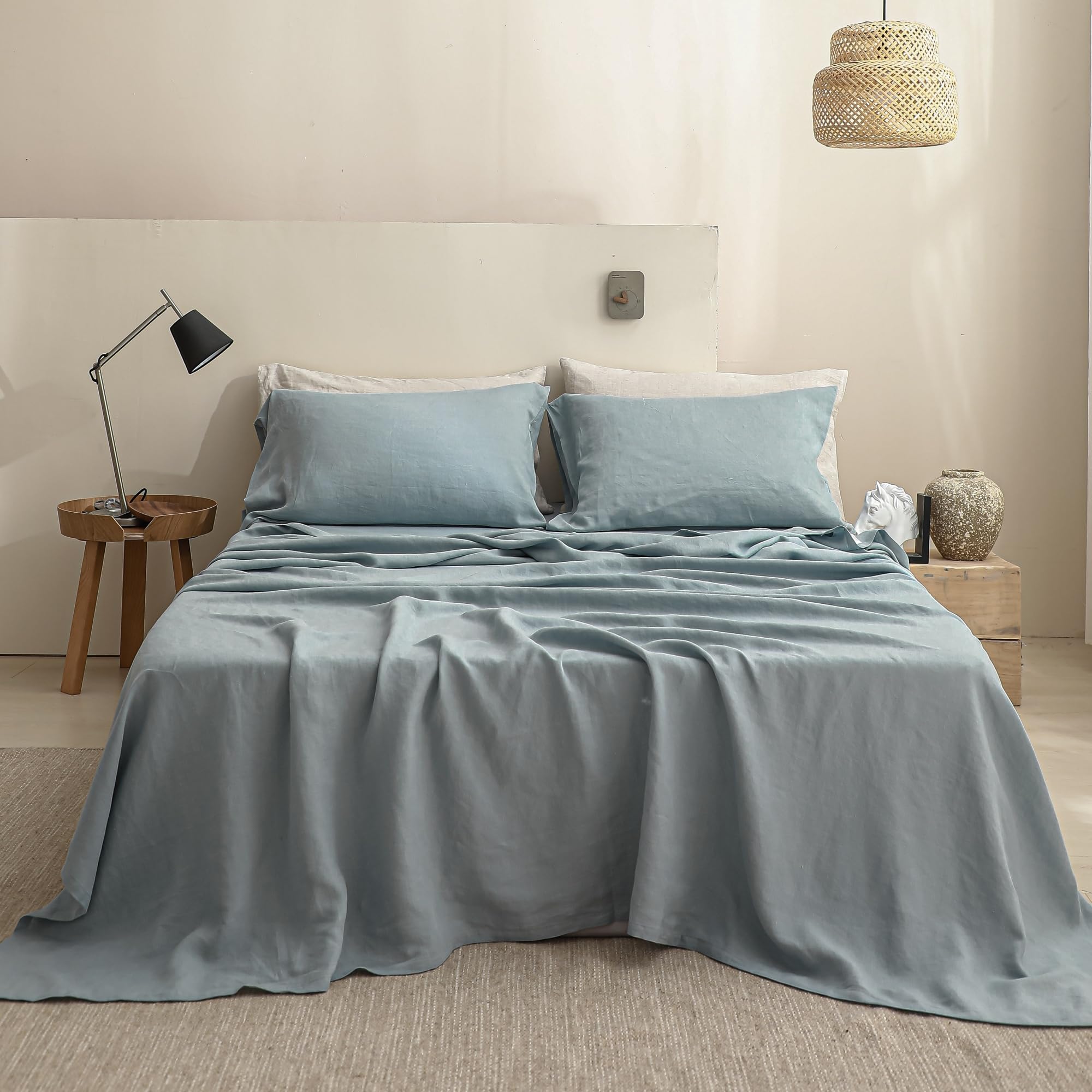Simple&Opulence 100% Linen Sheets Queen Size Set, 4 Pcs Natural French Linen Bed Sheets, Breathable Soft Durable Bedding Set for All Season (Classic Blue, Queen)