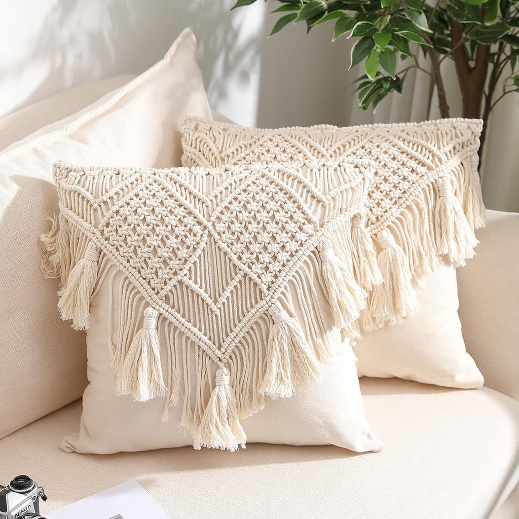 Cushion Covers Macrame Cushion Cover Woven Boho Cushion Cover for Bed Sofa Couch Bench Car Home Decor Comfortable Square with Tassels Set of 2 Decorative Pillow Covers