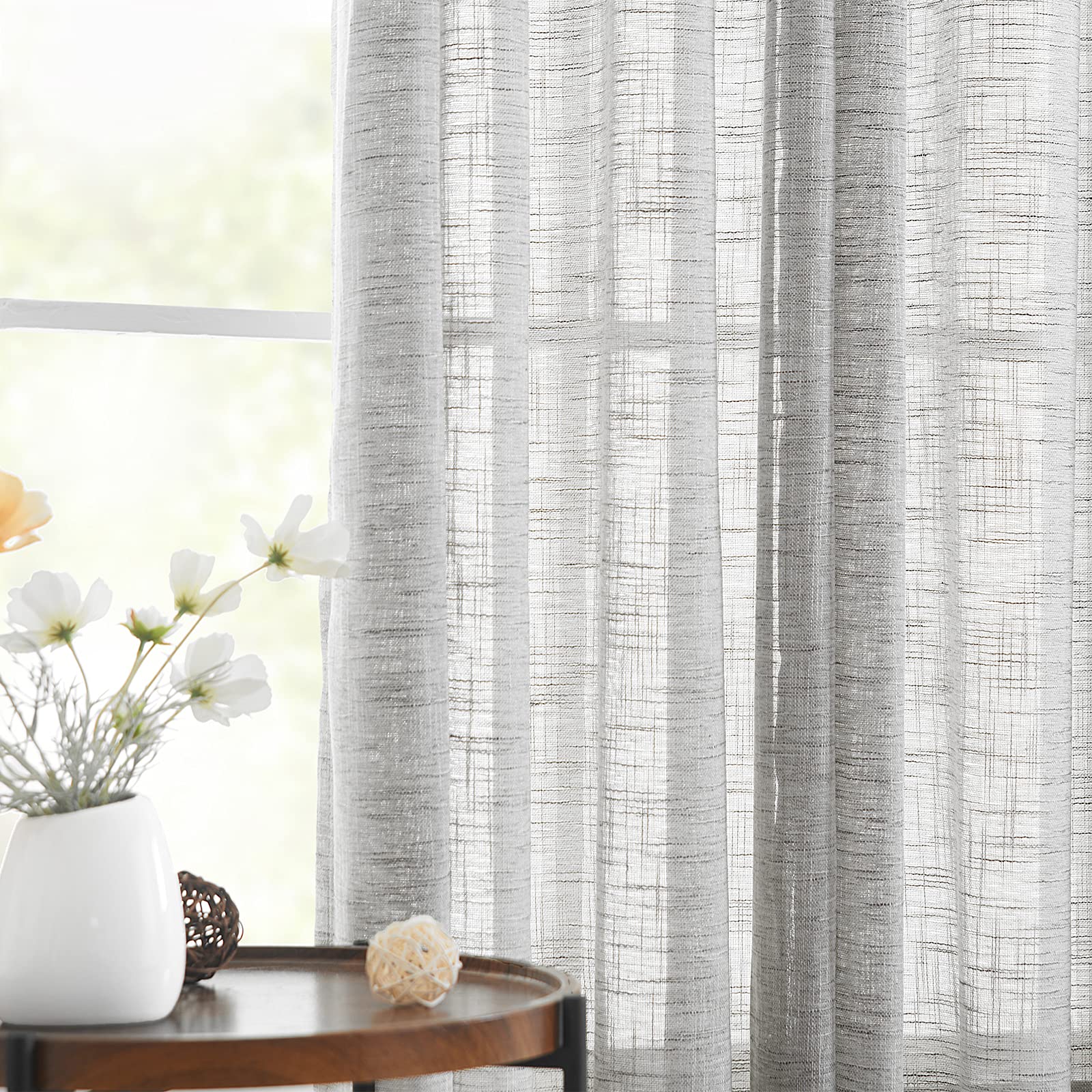 Semi Sheer Curtains for Living Room 95 inch Length Natural Linen Semi Sheer Curtain Drapes for Bedroom Light Filtering Farmhouse Country Rustic Window Curtains 52"w 2 Panels Rod Pocket Beige