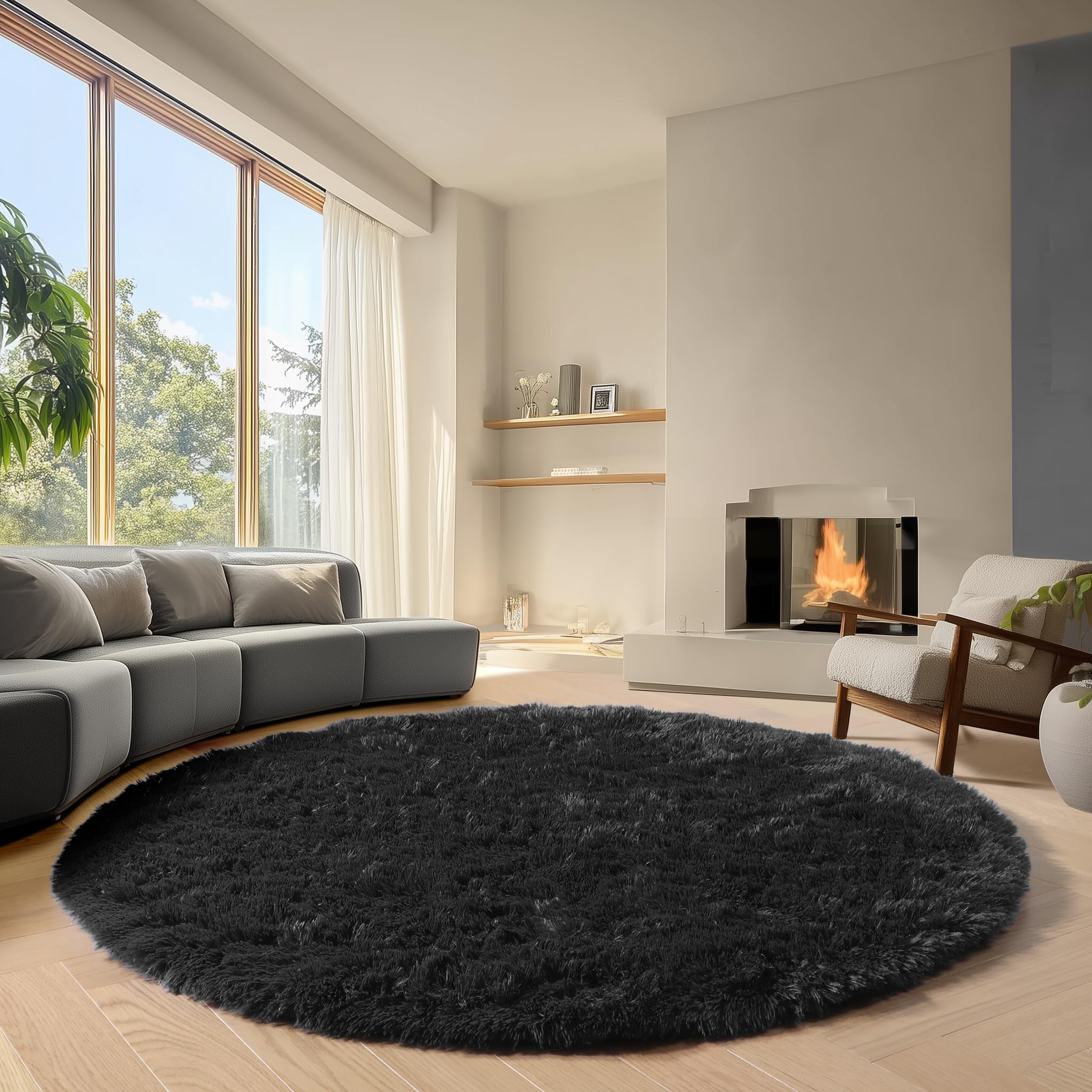 ONASAR Tie-Dyed Dark Grey Round Area Rugs 5ft, Ultra Soft Bedroom Circle Rug for Kids Girls Teen Room, Fluffy Plush Shaggy Carpet Floor Mats for Baby Nursery Living Room Playroom Home Decor