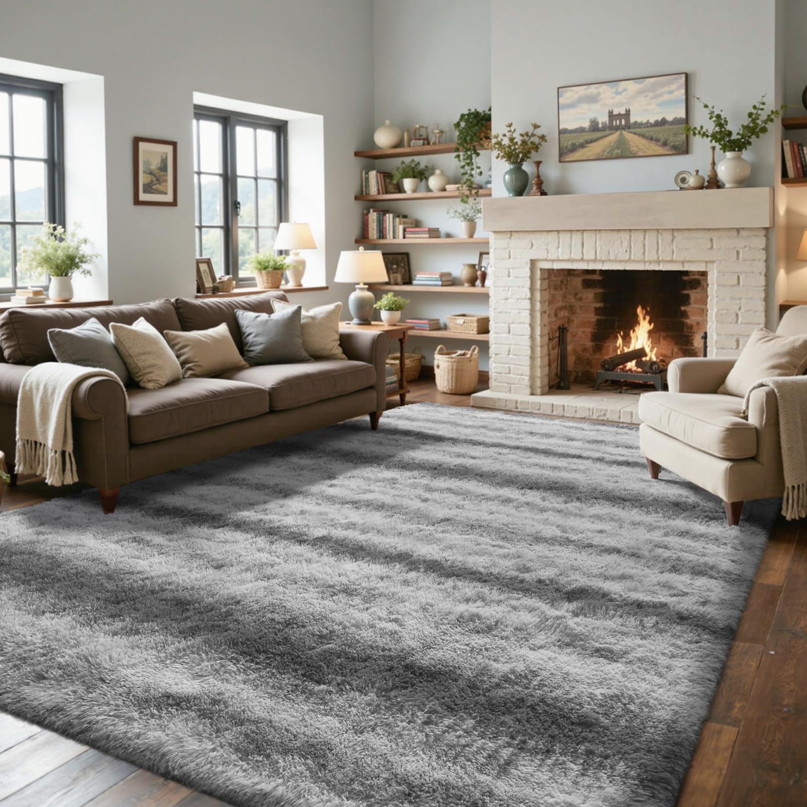 5×7ft Grey Fluffy Tie-Dyed Rug, Soft Shag Carpet for Home Decor