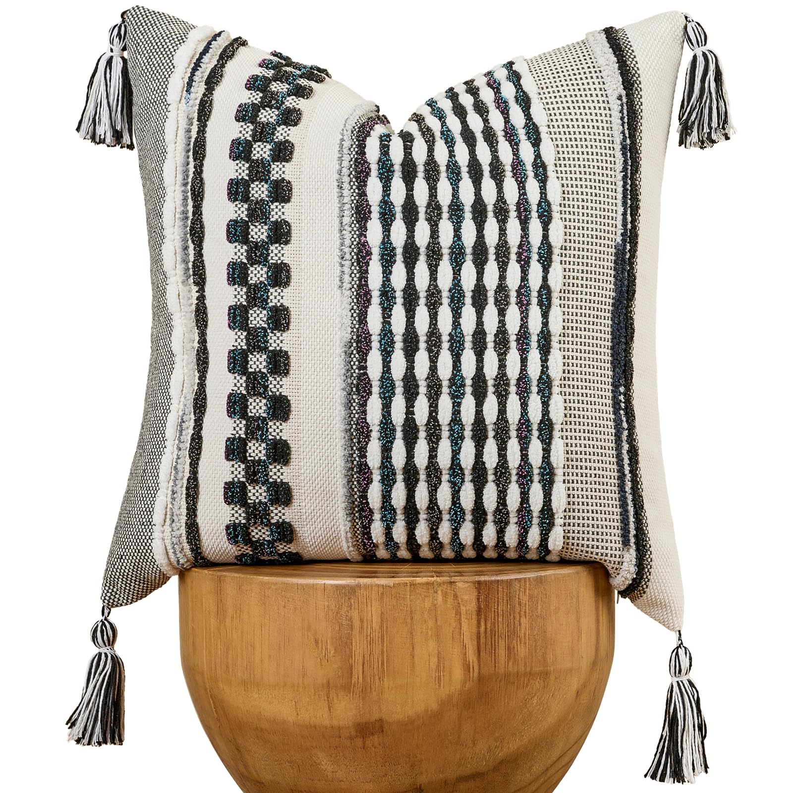 AmHoo Set of 2 Chenille Striped Tufted Textured Boho Throw Pillow Covers Aesthetic with Tassels Woven Decorative Pillow Case for Couch Bed Sofa Bedroom Modern Funky 18 x 18-Inch Brown White