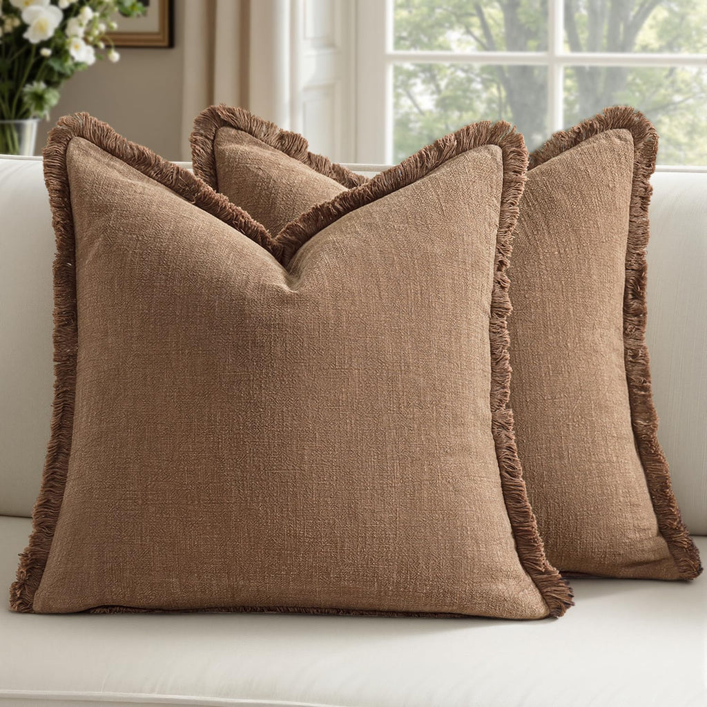 Decorative Linen Fringe Throw Pillow Covers Boho Farmhouse Soft Euro Accent Pillowcases with Tassels for Bed Couch Sofa Living Room Bedroom,24x24 Inch Set of 2,Brown