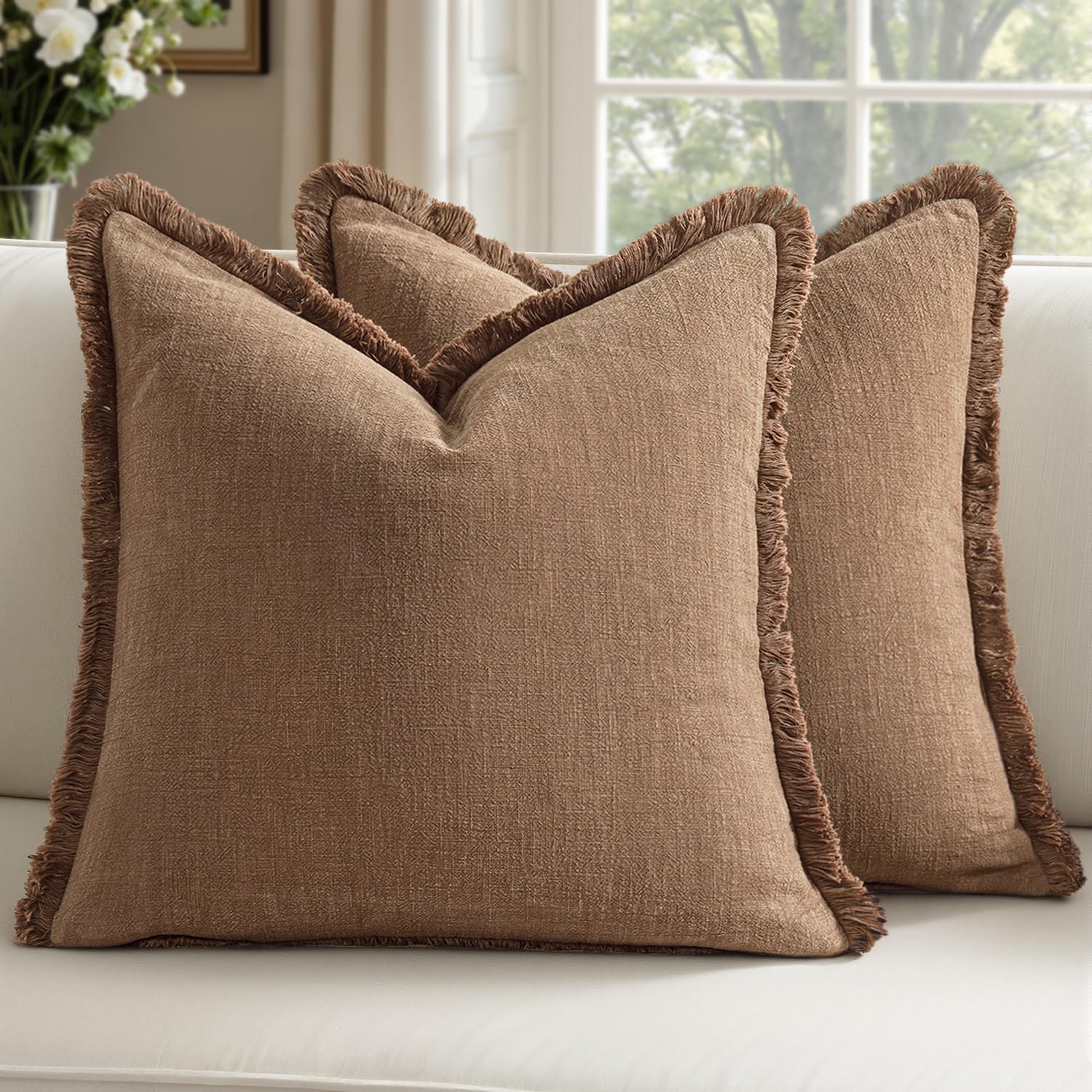 Decorative Linen Fringe Throw Pillow Covers Boho Farmhouse Soft Euro Accent Pillowcases with Tassels for Bed Couch Sofa Living Room Bedroom,24x24 Inch Set of 2,Brown