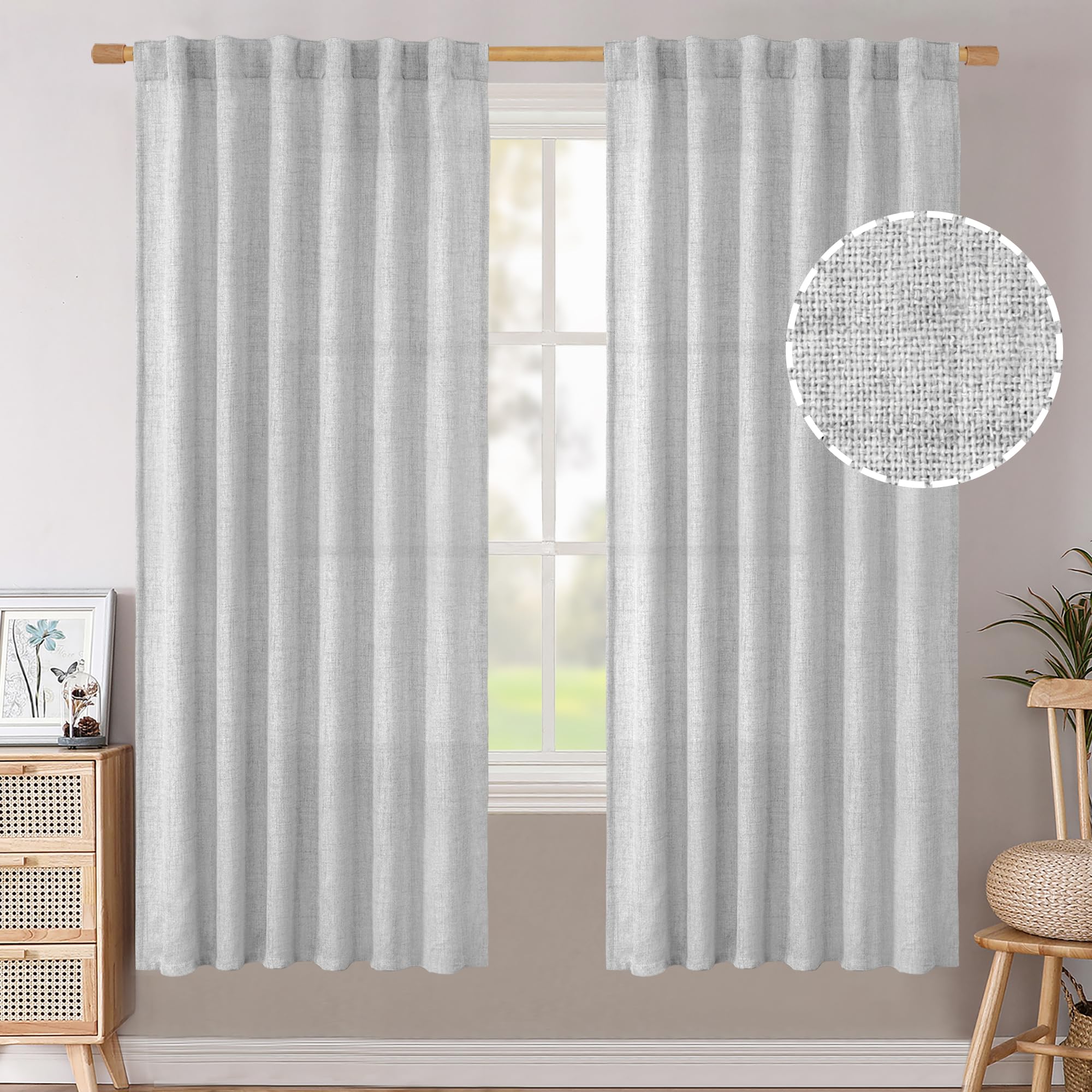 BGment Natural Linen Semi Sheer Curtains 96 Inch Length 2 Panels for Living Room, Beige Light Filtering Window Drapes with Rod Pocket Back Tab Extre Long for Dining Bedroom, 52 X 96 Inch