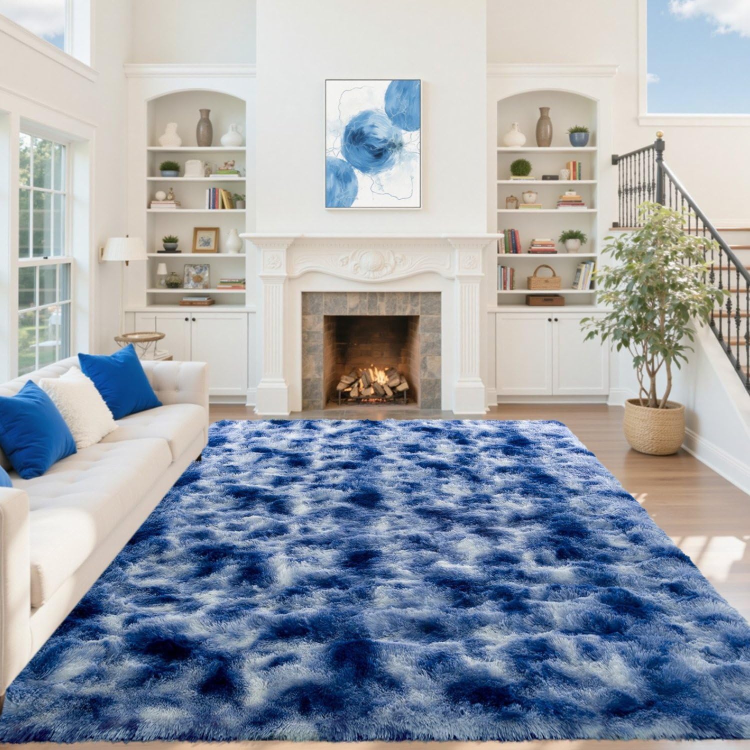 5×7ft Grey Fluffy Tie-Dyed Rug, Soft Shag Carpet for Home Decor