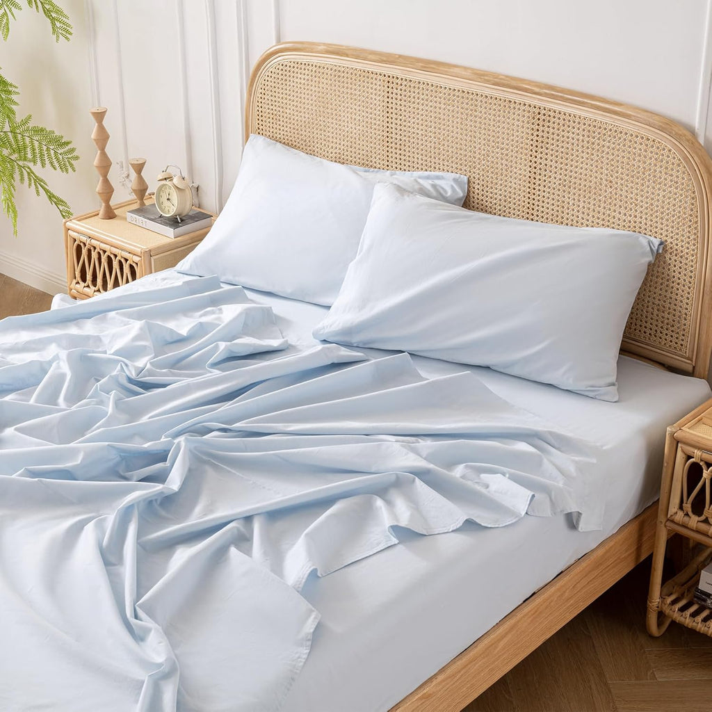 Yibeizi Light Blue 100% Washed Cotton Linen Feel Sheet Set Queen Size, 4 Pieces Deep Pocket Bed Sheets Soft Breathable Hotel Bedsheets