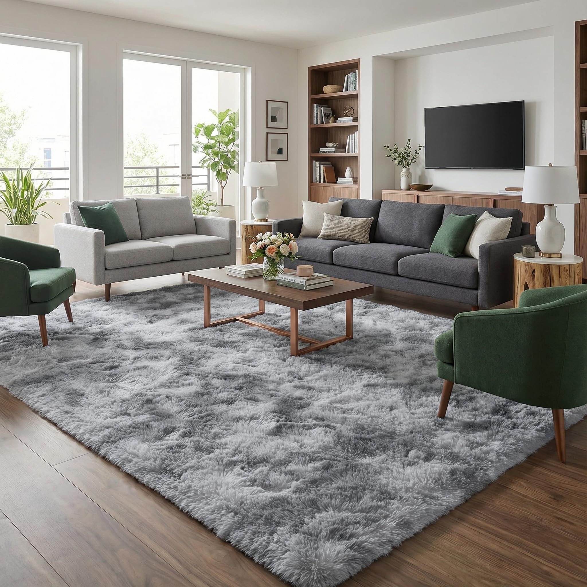 Fluffy 5x7 Area Rugs for Bedroom: Tie-dye White Grey Soft Shag Rug for Living Room, Large Fuzzy Plush Indoor Floor Carpet Non Slip Modern Rug for Nursery Boys Girls Kids Room Playroom Dorms Home Decor