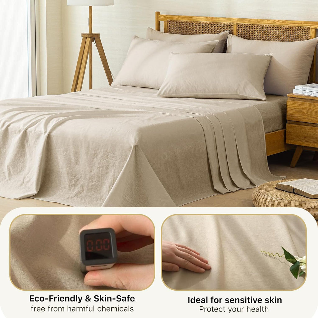 100% Linen Sheets Queen Size 4 Piece - Washed Natural Flax Bedding Set, Ultra Breathable Soft Durable Flat Sheet, Fitted Sheet Set with 16" Deep Pocket, All Season (Linen, King)