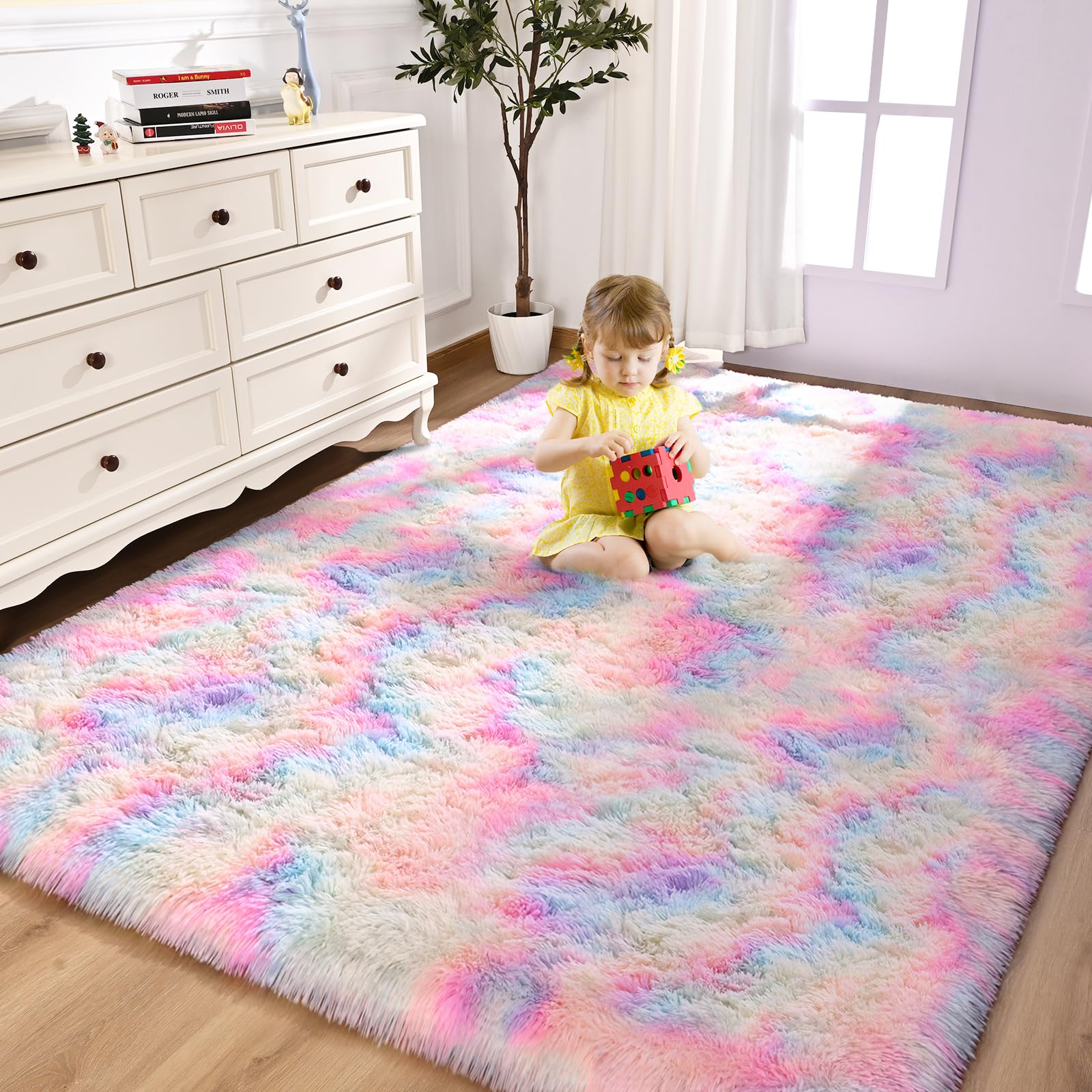 FlyDOIT Large Area Rugs for Living Room, 5x8 Feet Tie-Dyed Light Grey Shaggy Rug Fluffy Throw Carpets, Ultra Soft Plush Modern Indoor Fuzzy Rugs for Bedroom Girls Kids Nursery Room Dorm Home Decor