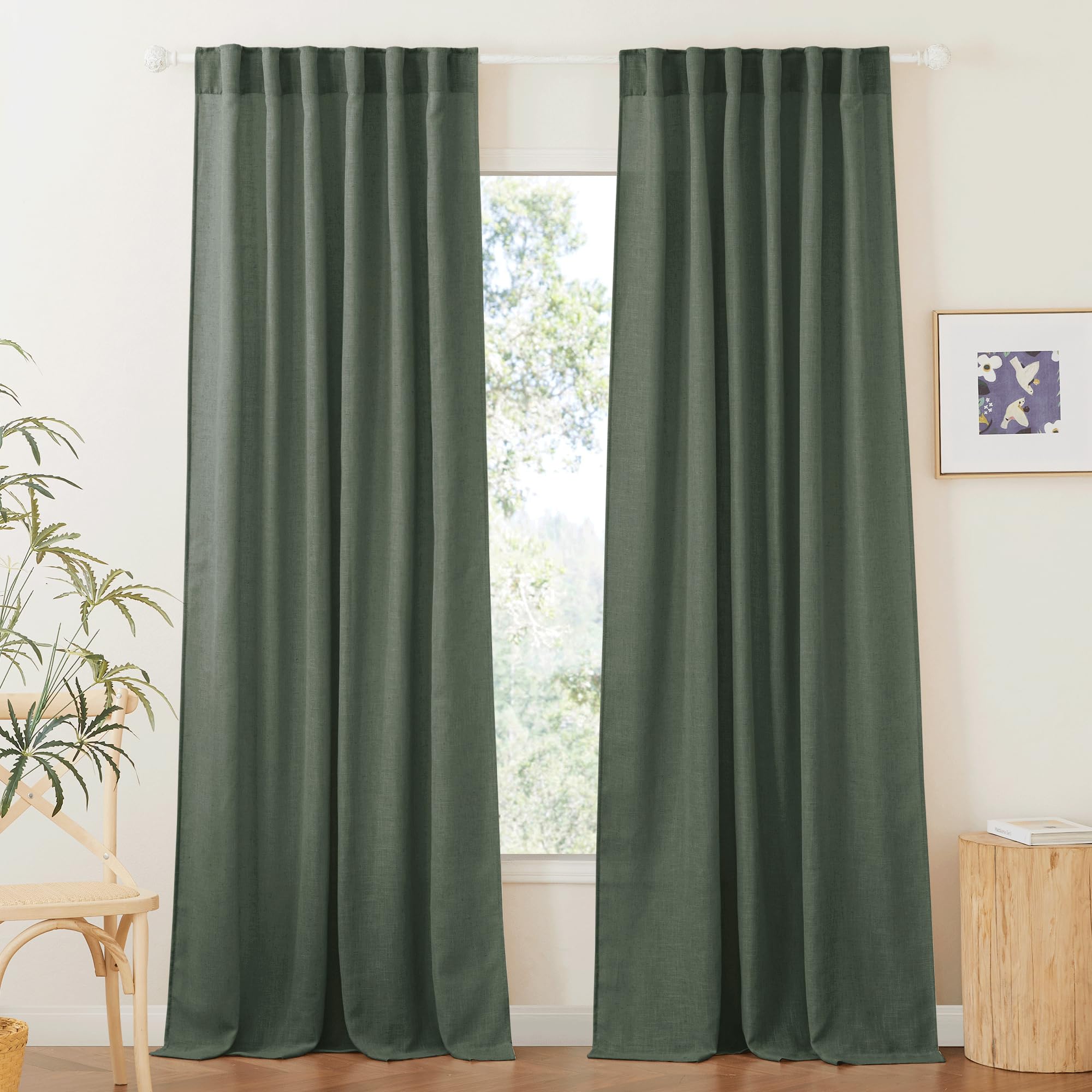 RYB HOME Linen Sheer Curtains and Drapes for Living Room 108 inches Length, Breathable Back Tab/Rod Pocket Semi Sheer Curtains, Oatmeal, W 52 x L 108 inches, 2 Panels Set