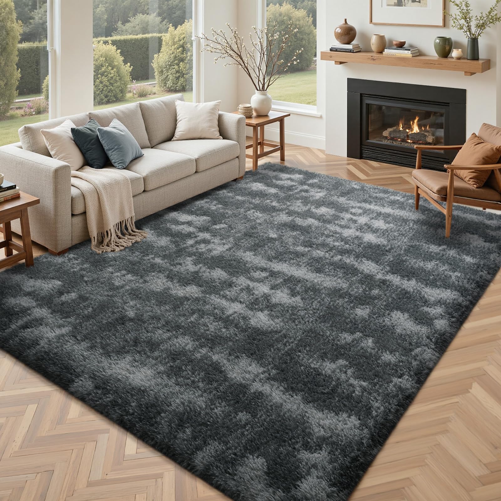 5×7ft Grey Fluffy Tie-Dyed Rug, Soft Shag Carpet for Home Decor