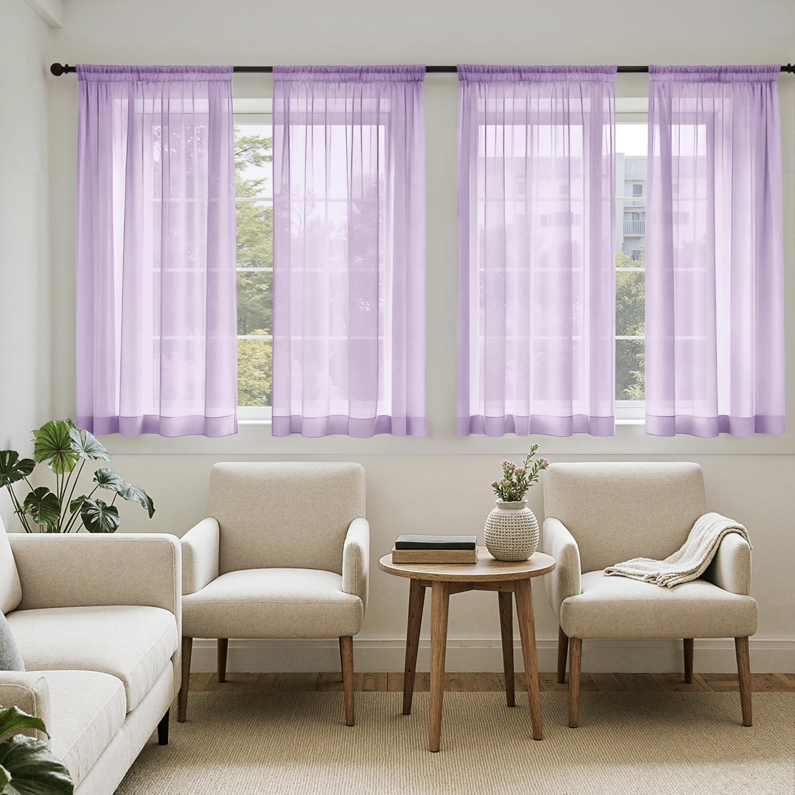 MIULEE Butter Cream Sheer Curtains 96 Inches Long, 4 Panels Set, Rod Pocket Voile Drapes Light Filtering and Semi Transparent, Elegant Window Treatments for Bedroom Living Room,42 x 96 Inches