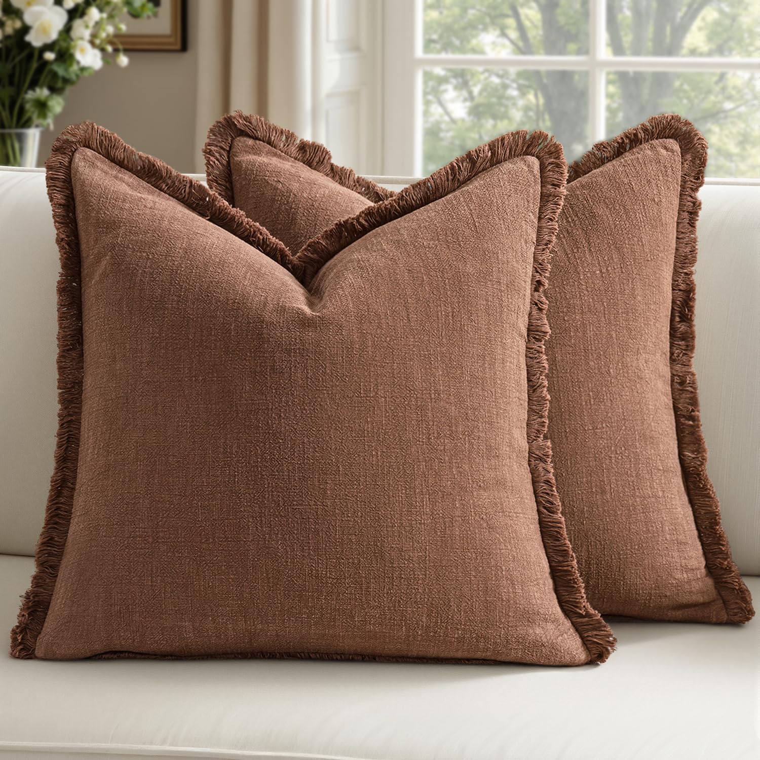 Decorative Linen Fringe Throw Pillow Covers Boho Farmhouse Soft Euro Accent Pillowcases with Tassels for Bed Couch Sofa Living Room Bedroom,24x24 Inch Set of 2,Brown