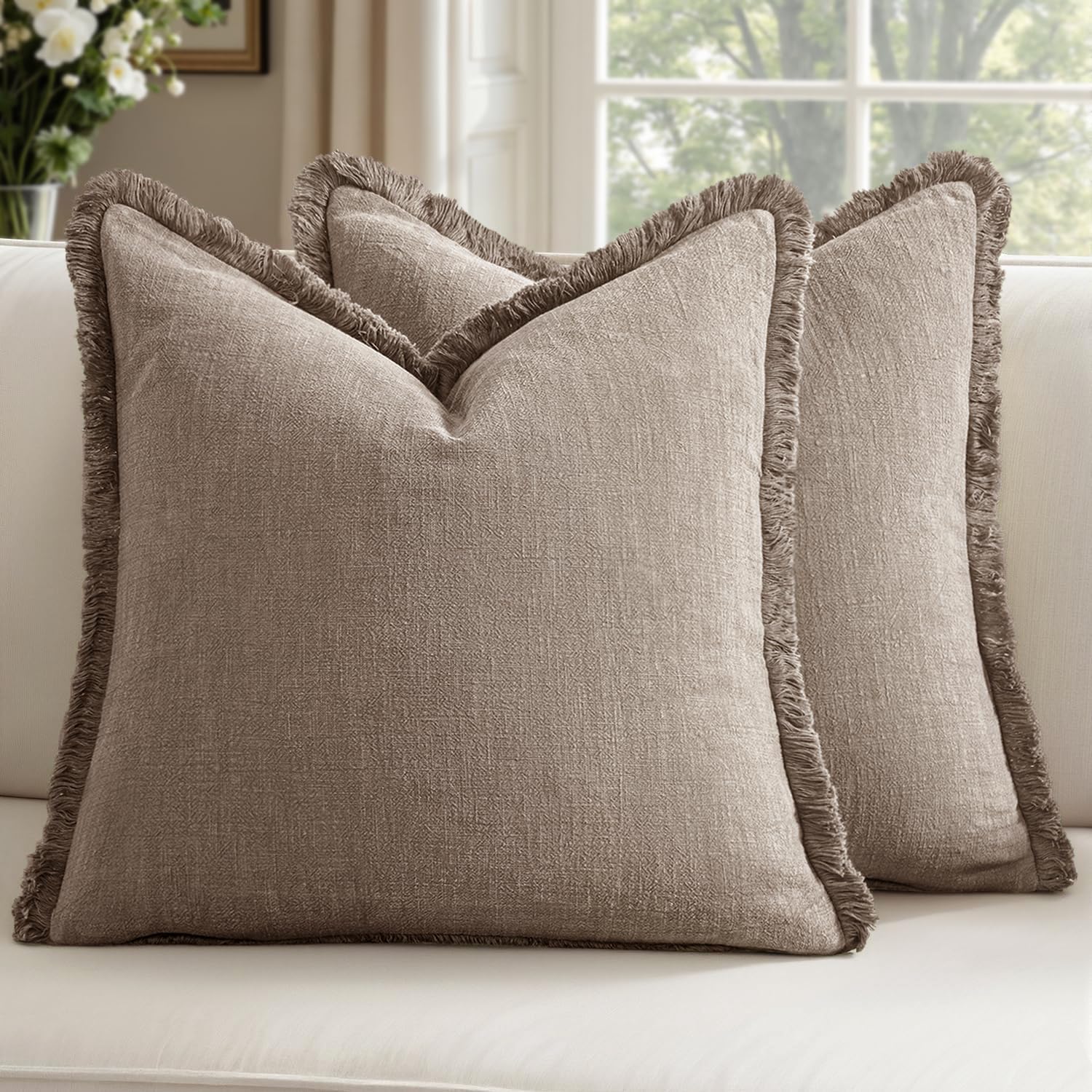Decorative Linen Fringe Throw Pillow Covers Boho Farmhouse Soft Euro Accent Pillowcases with Tassels for Bed Couch Sofa Living Room Bedroom,24x24 Inch Set of 2,Brown