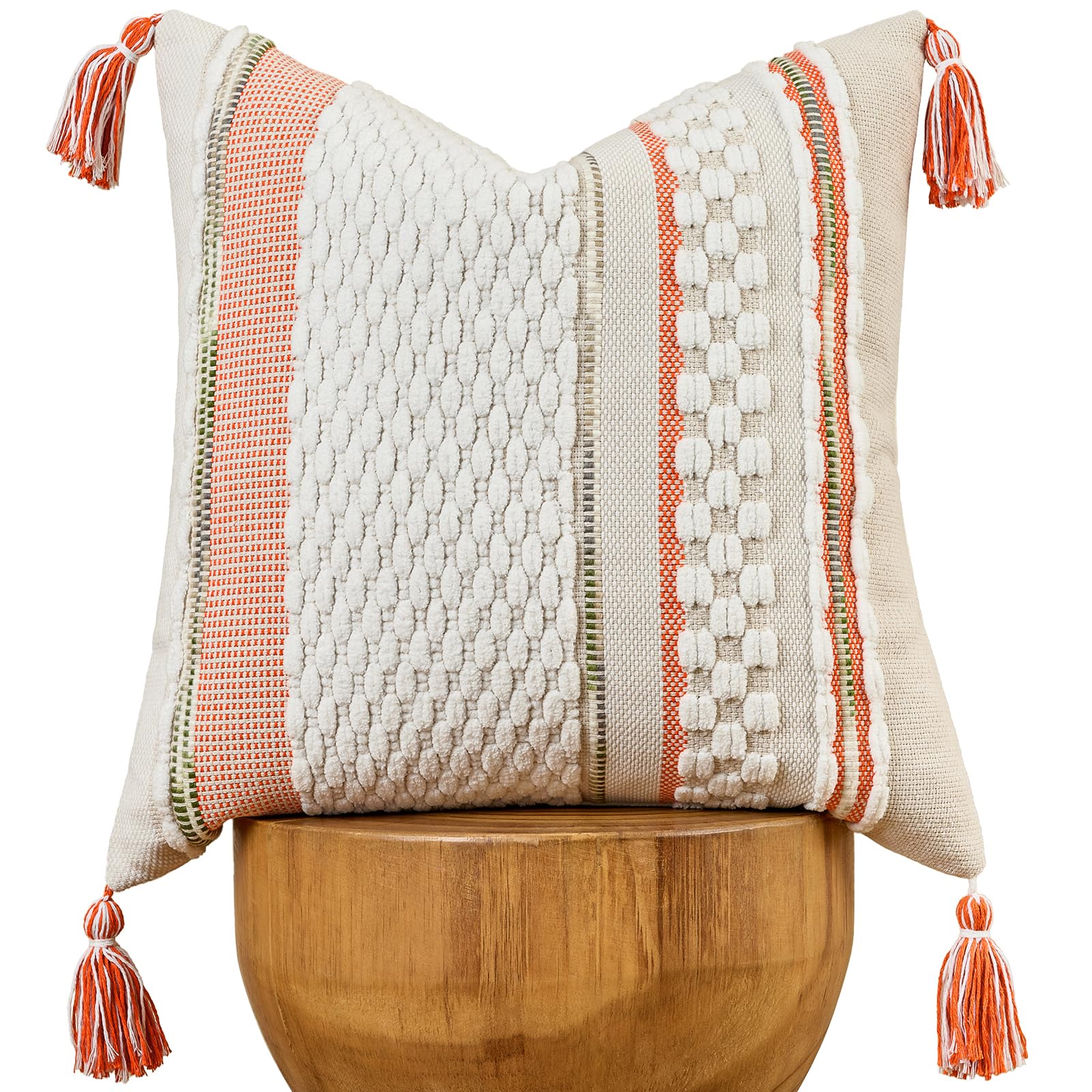 AmHoo Set of 2 Chenille Striped Tufted Textured Boho Throw Pillow Covers Aesthetic with Tassels Woven Decorative Pillow Case for Couch Bed Sofa Bedroom Modern Funky 18 x 18-Inch Brown White