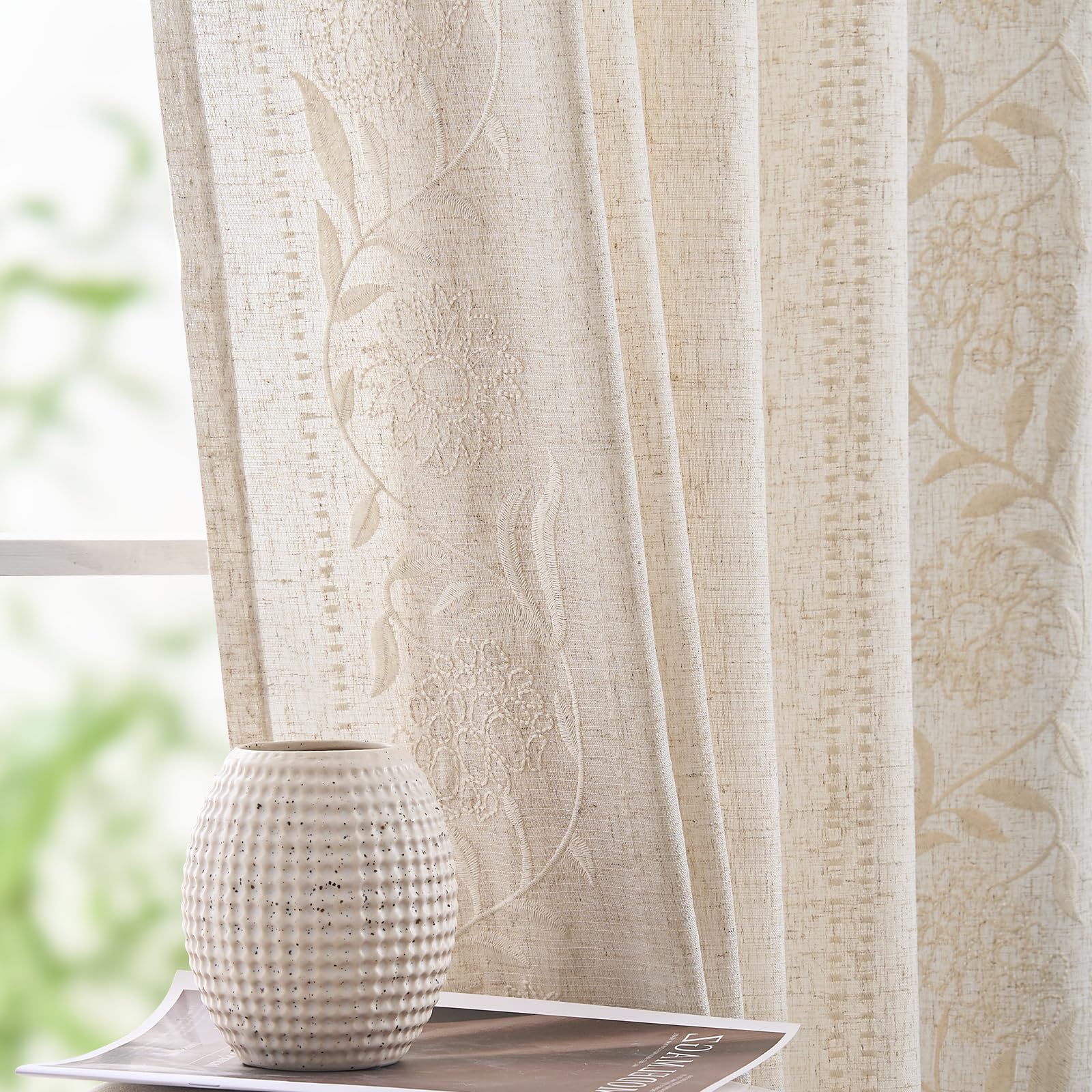 jinchan Winslow Linen Curtains for Bedroom 84 Inches Length Ivory on Taupe Embroidered Bordered Floral Curtains for Living Room Farmhouse Decor Light Filtering Window Treatments 2 Panels