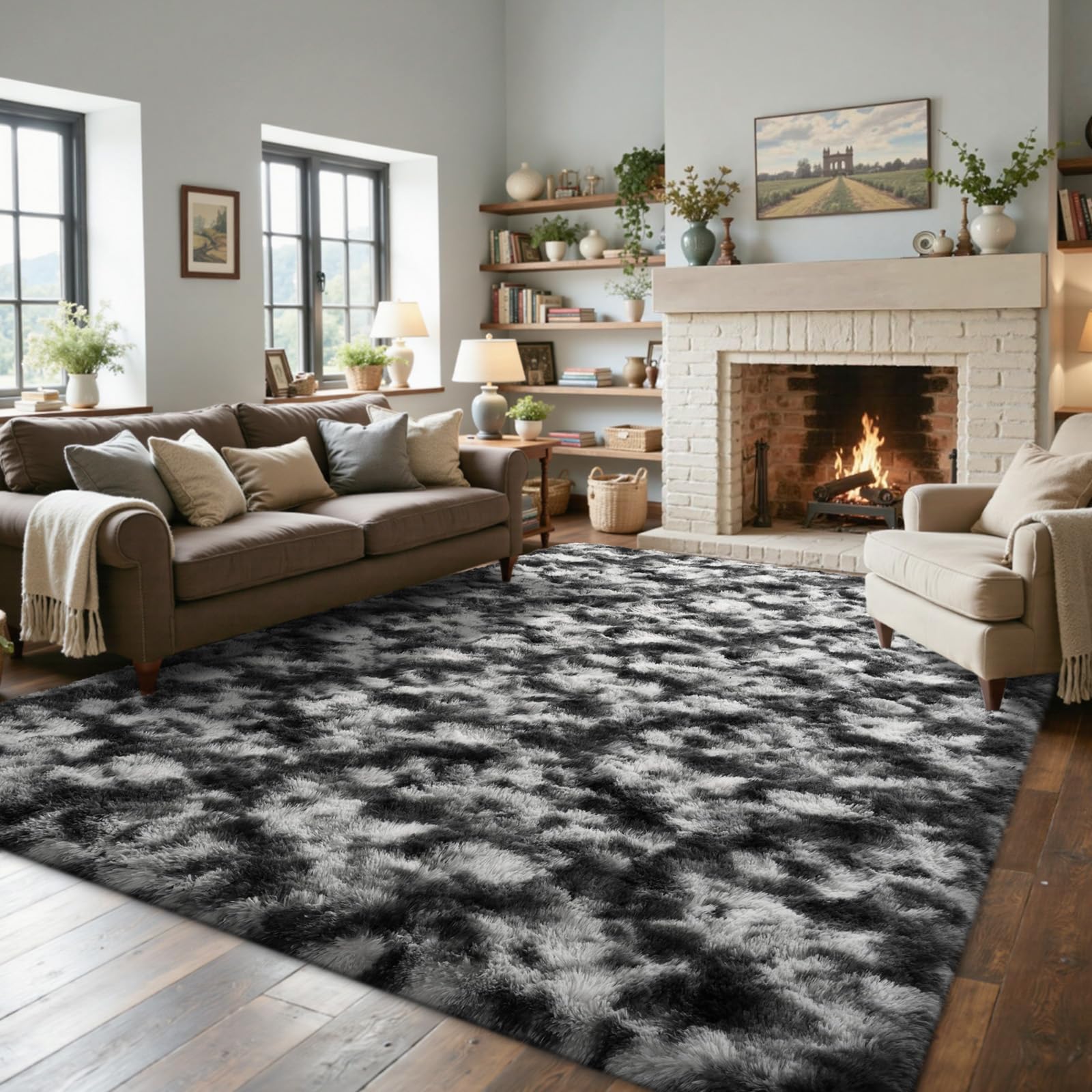 5×7ft Grey Fluffy Tie-Dyed Rug, Soft Shag Carpet for Home Decor