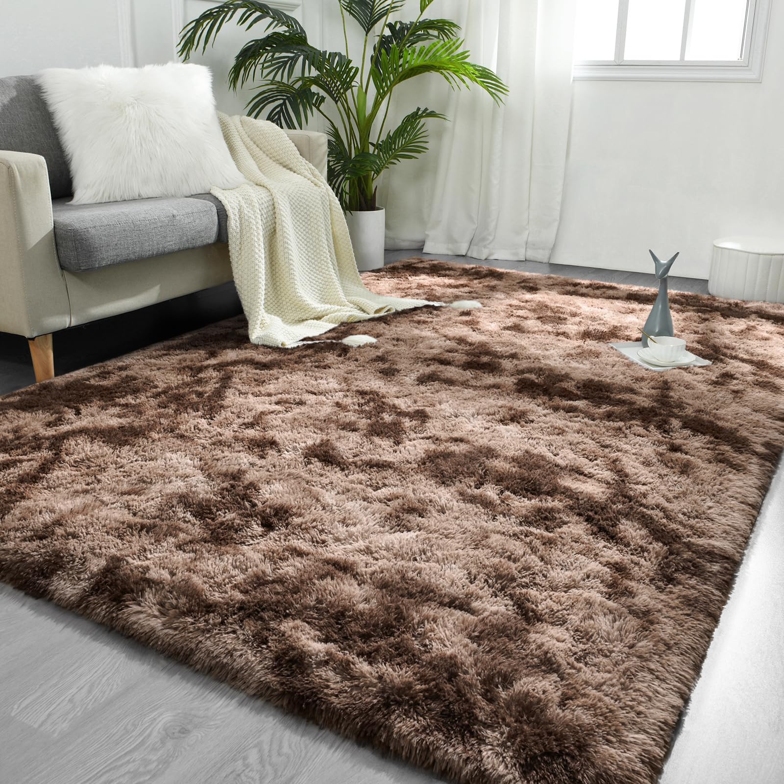 FlyDOIT Large Area Rugs for Living Room, 5x8 Feet Tie-Dyed Light Grey Shaggy Rug Fluffy Throw Carpets, Ultra Soft Plush Modern Indoor Fuzzy Rugs for Bedroom Girls Kids Nursery Room Dorm Home Decor